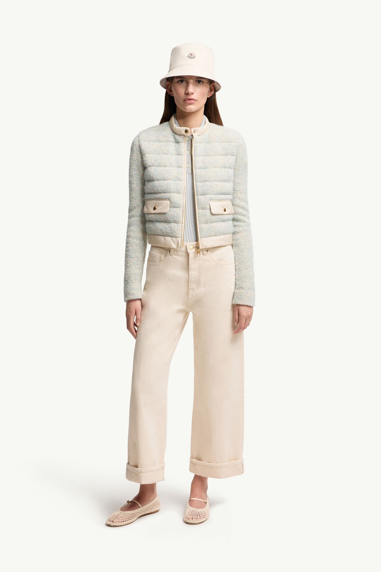 Cárdigan con cremallera acolchado de mezcla de lana y alpaca Mujer Azul Claro & Beige Moncler 0