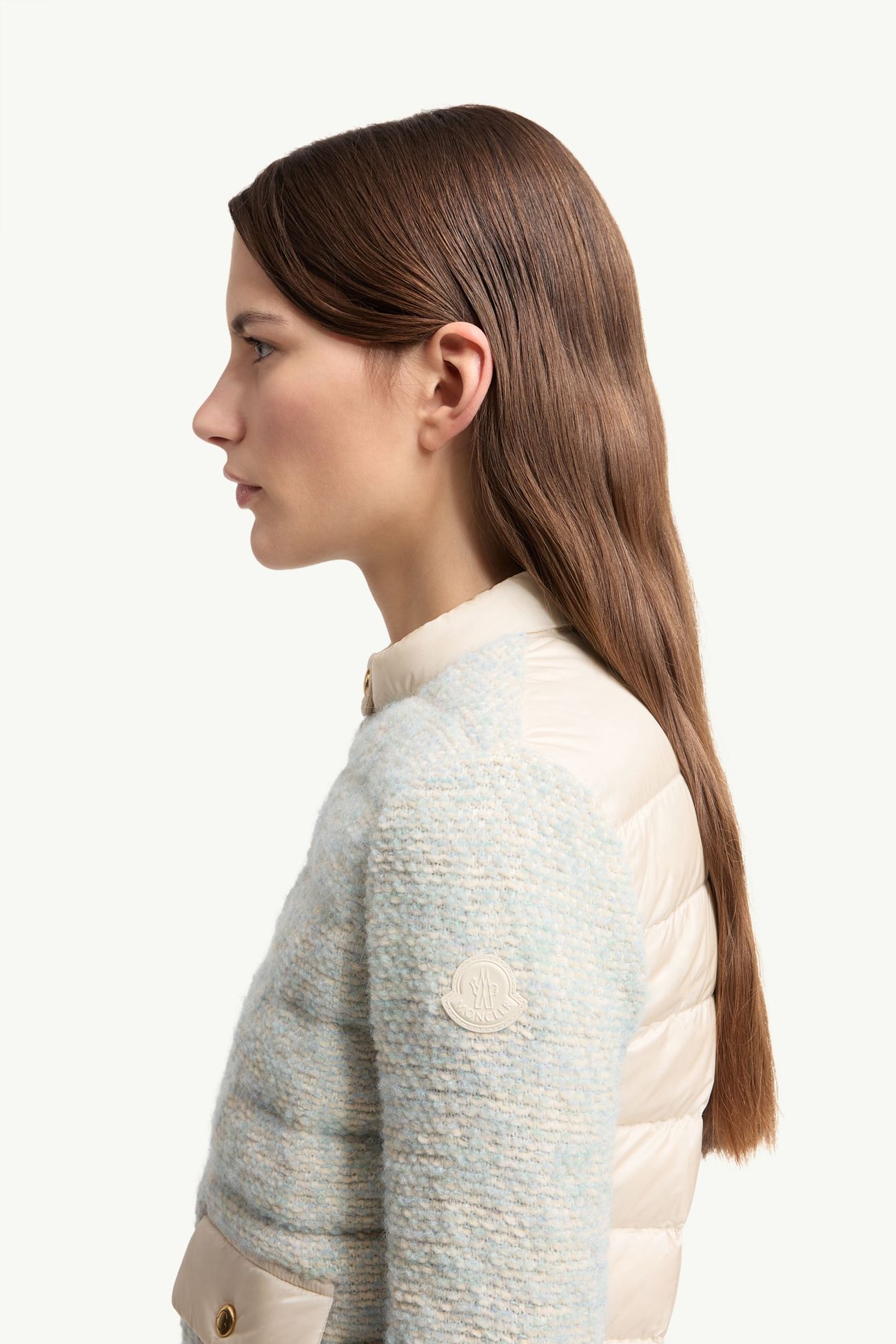 Cárdigan con cremallera acolchado de mezcla de lana y alpaca Mujer Azul Claro & Beige Moncler 1