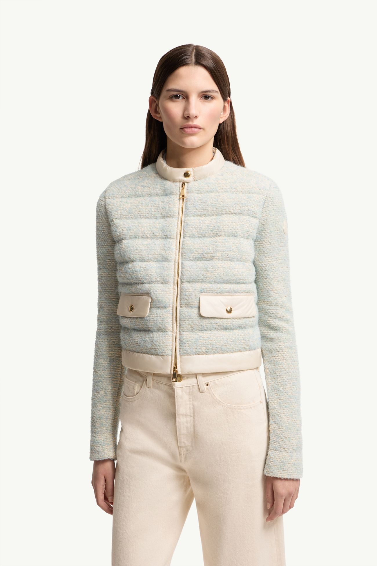 Cárdigan con cremallera acolchado de mezcla de lana y alpaca Mujer Azul Claro & Beige Moncler 3