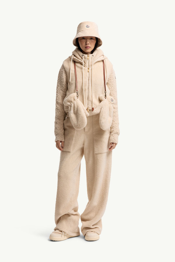 Cárdigan de bouclé y tejido efecto peluche con capucha y cremallera Mujer Blanco Marfil Moncler 0