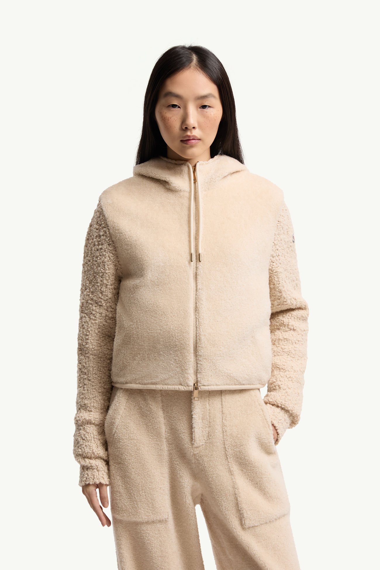 毛圈布與泰迪布拉鏈連帽衫 女士 象牙白色 Moncler 3