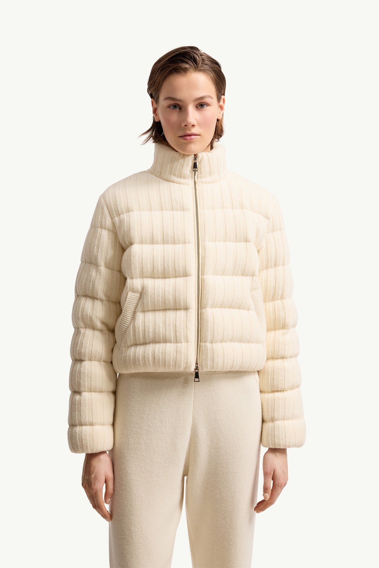 Cardigan imbottito in misto lana e cashmere Donna Bianco Avorio Moncler 3