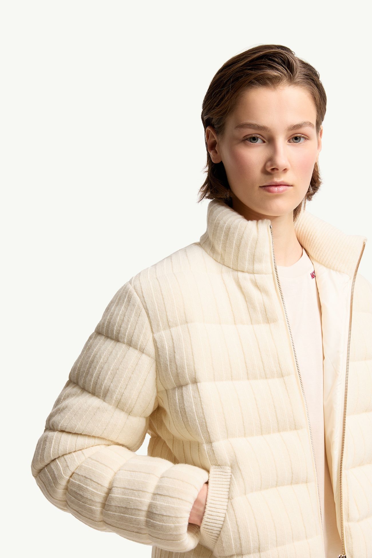Cardigan imbottito in misto lana e cashmere Donna Bianco Avorio Moncler 5