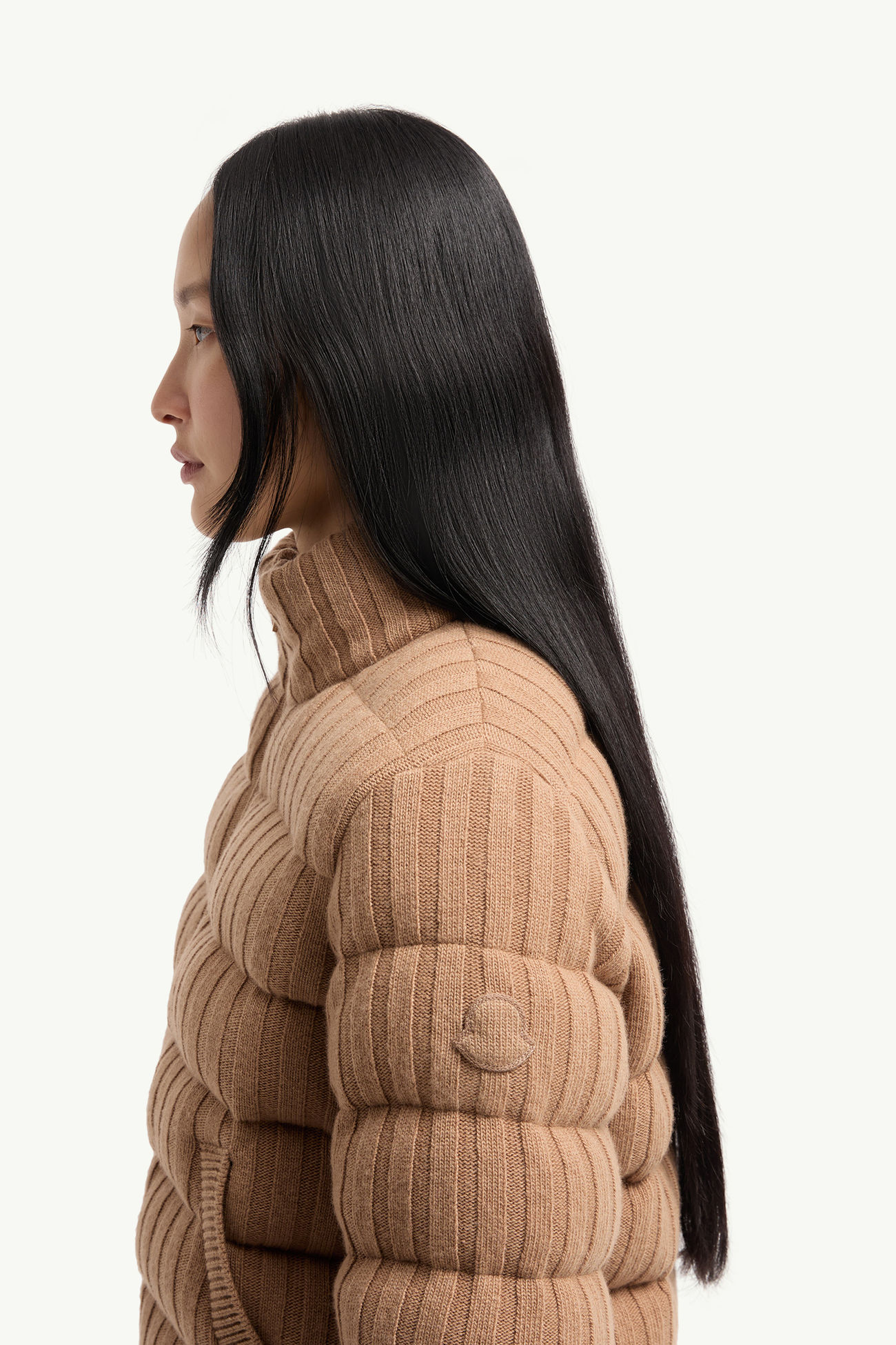 Cardigan imbottito in misto lana e cashmere Donna Beige Cammello Moncler 1