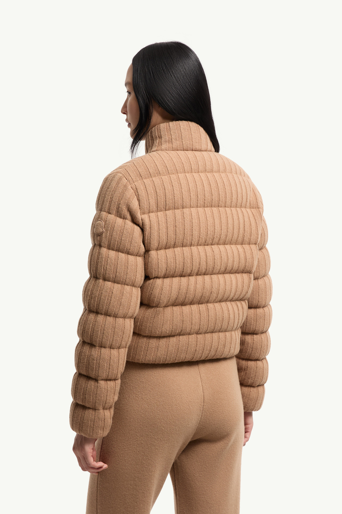 Cardigan imbottito in misto lana e cashmere Donna Beige Cammello Moncler 4