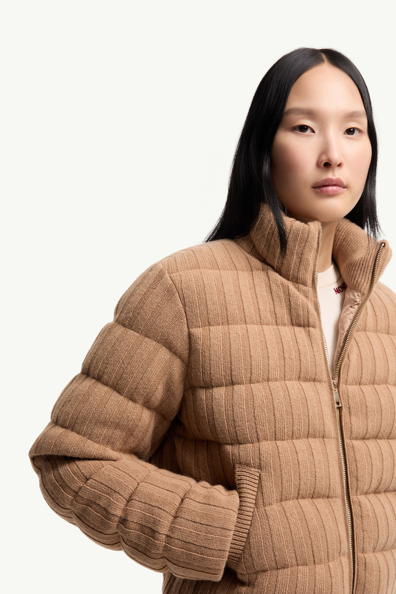 울 & 캐시미어 혼방 패딩 카디건 여성 카멜 베이지 Moncler 5