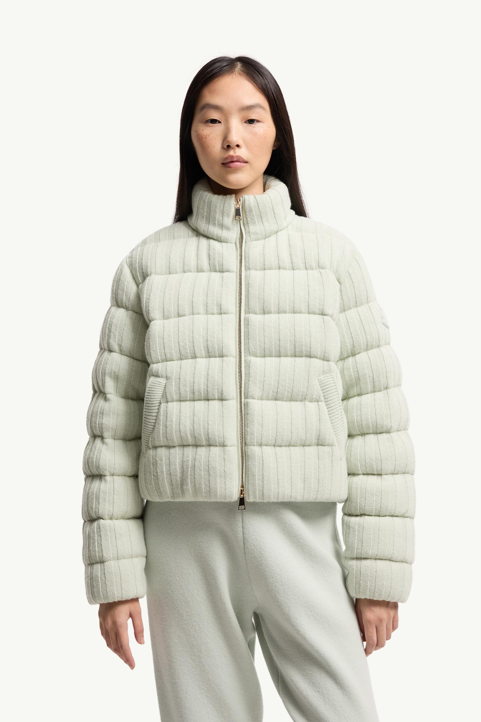 Light Green Wool & Cashmere Blend Padded Cardigan - Short Down