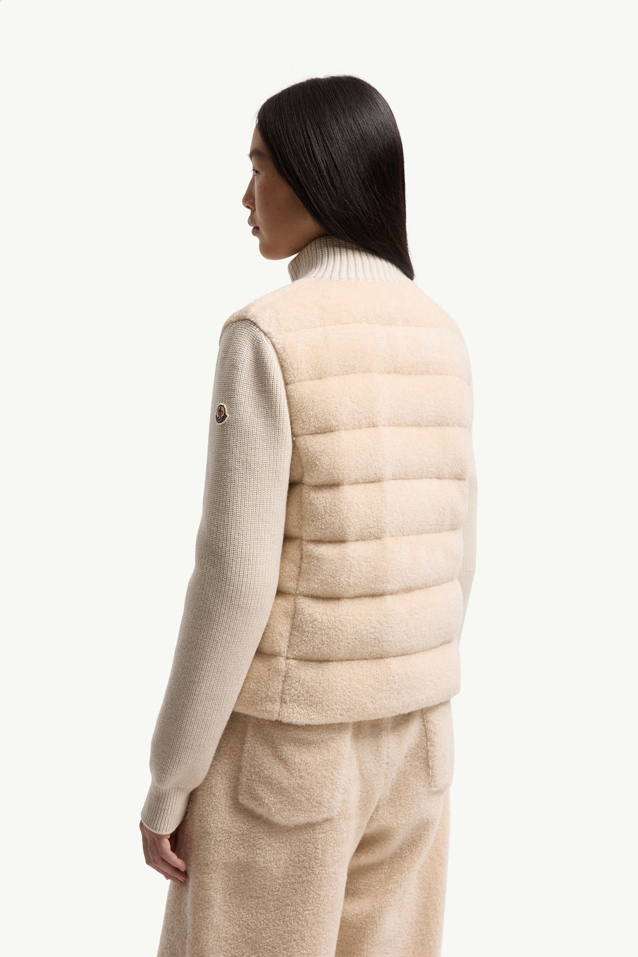 Cardigan imbottito in lana e pile effetto teddy con zip Donna Bianco Avorio Moncler 4