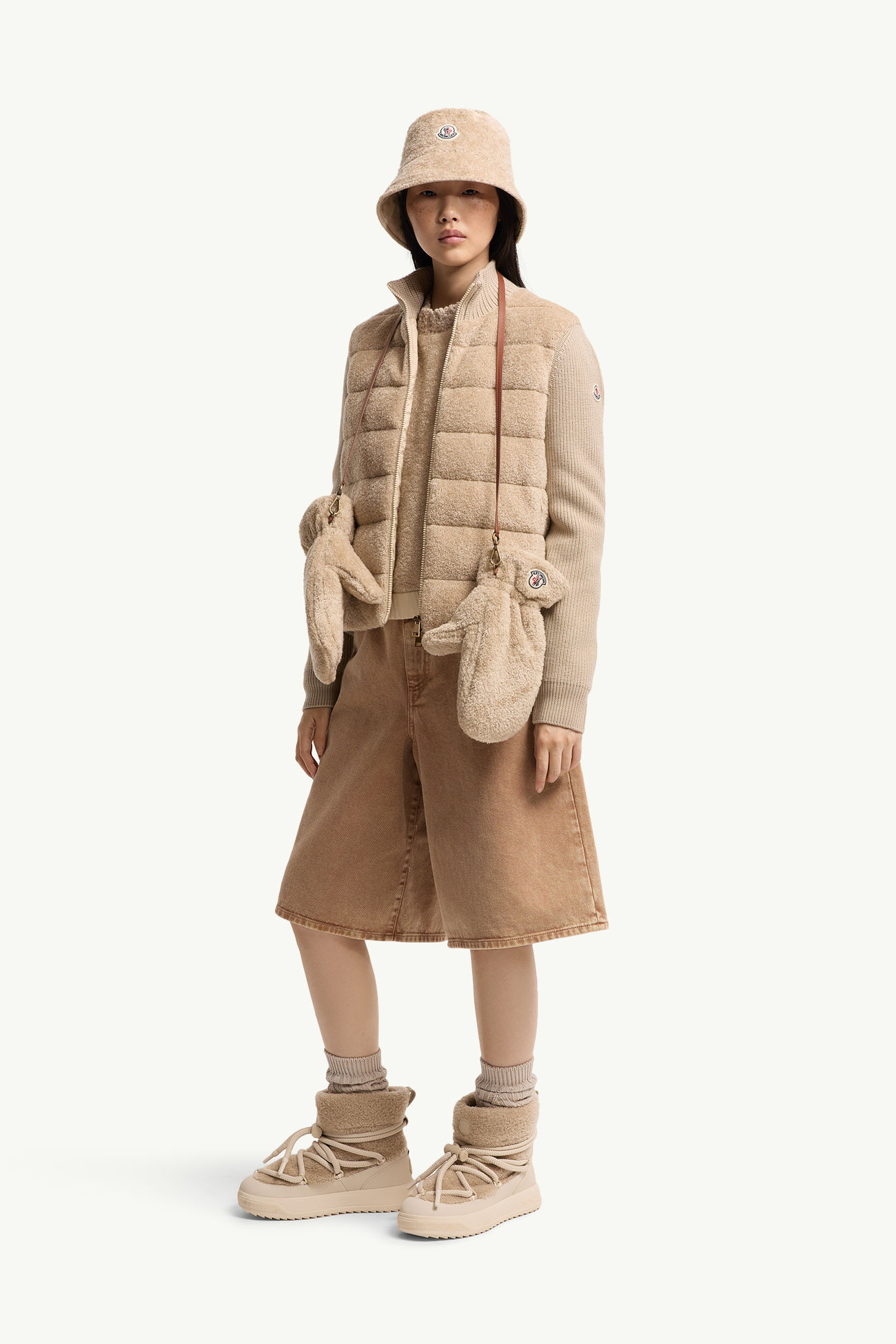 Cardigan zippé en laine et teddy matelassé Femmes Beige Clair Moncler 0