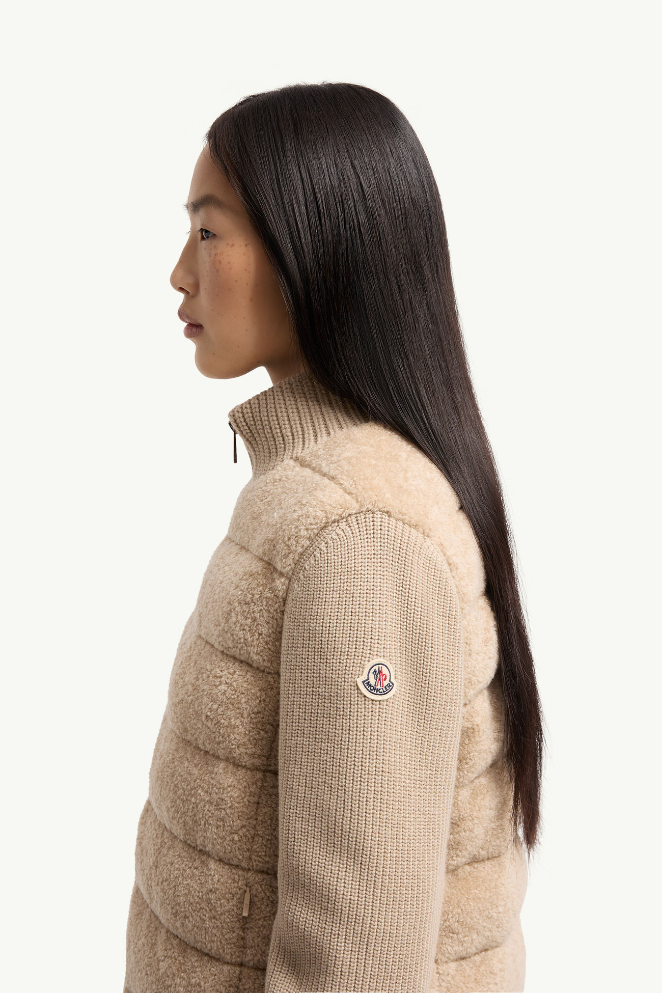 Wattierte Strickjacke aus Teddystoff und Wolle mit Reißverschluss Damen Hellbeige Moncler 1