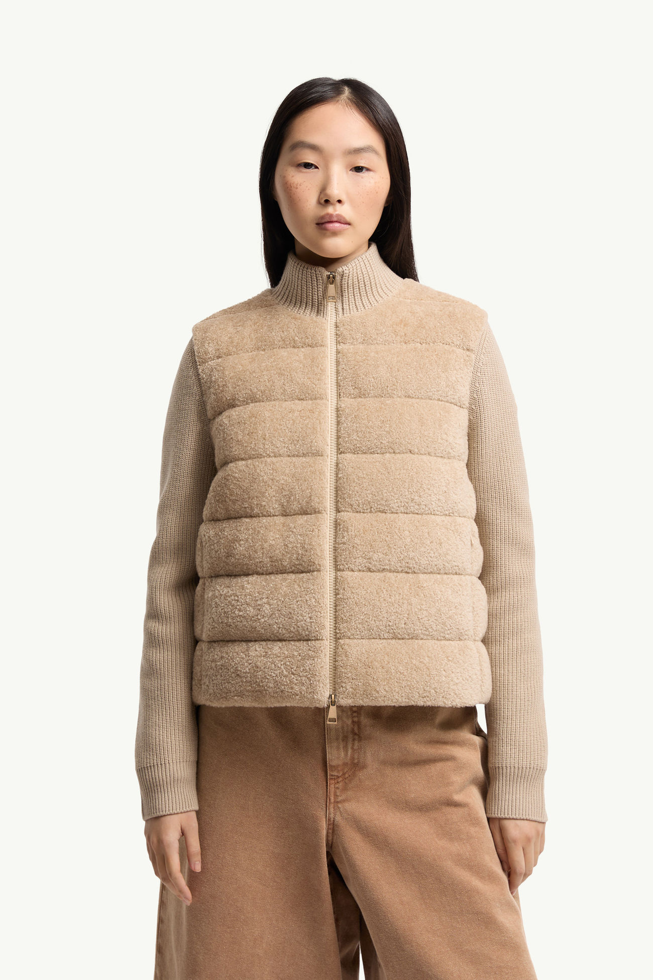Cardigan zippé en laine et teddy matelassé Femmes Beige Clair Moncler 3