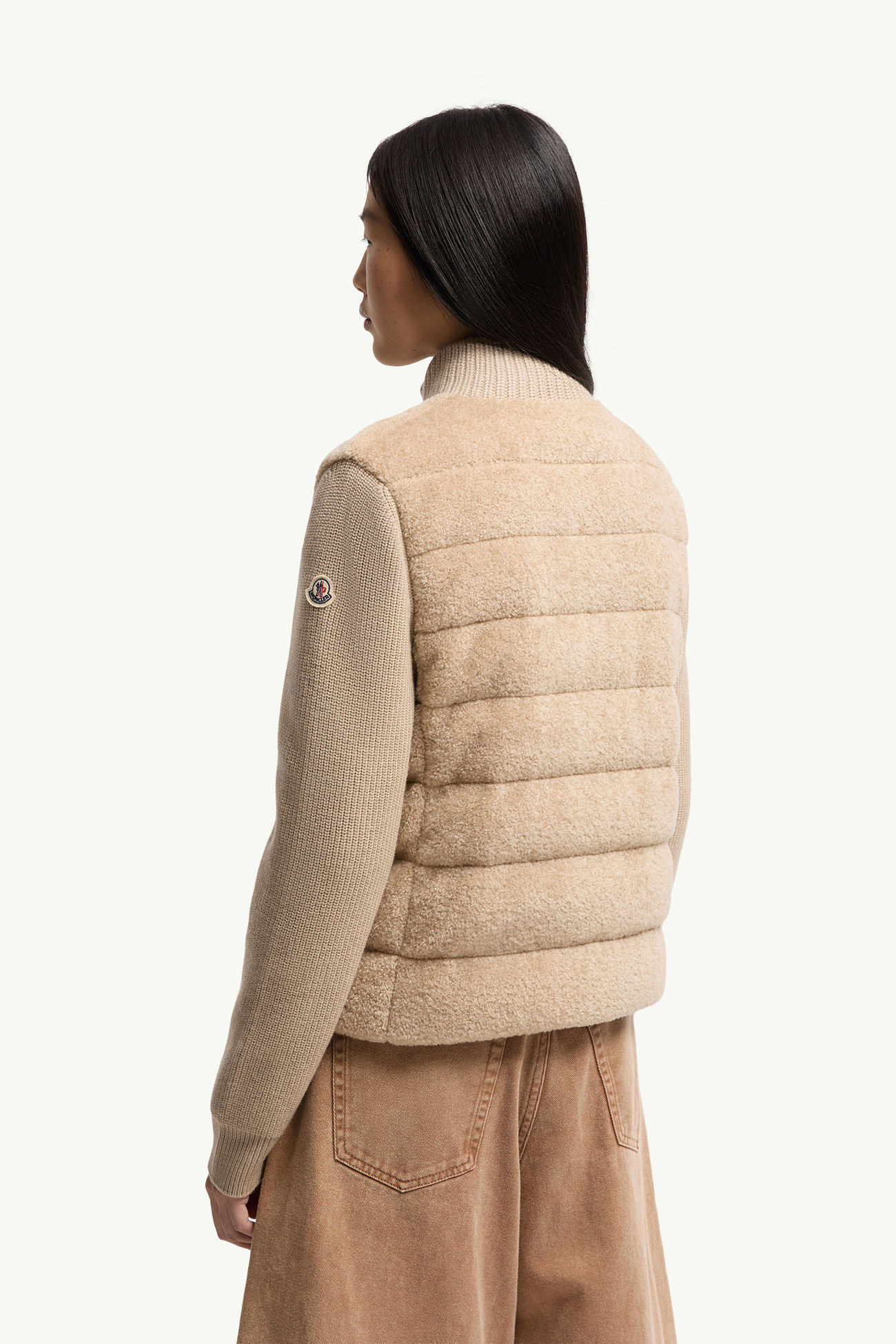 Cardigan imbottito in lana e pile effetto teddy con zip Donna Beige Chiaro Moncler 4