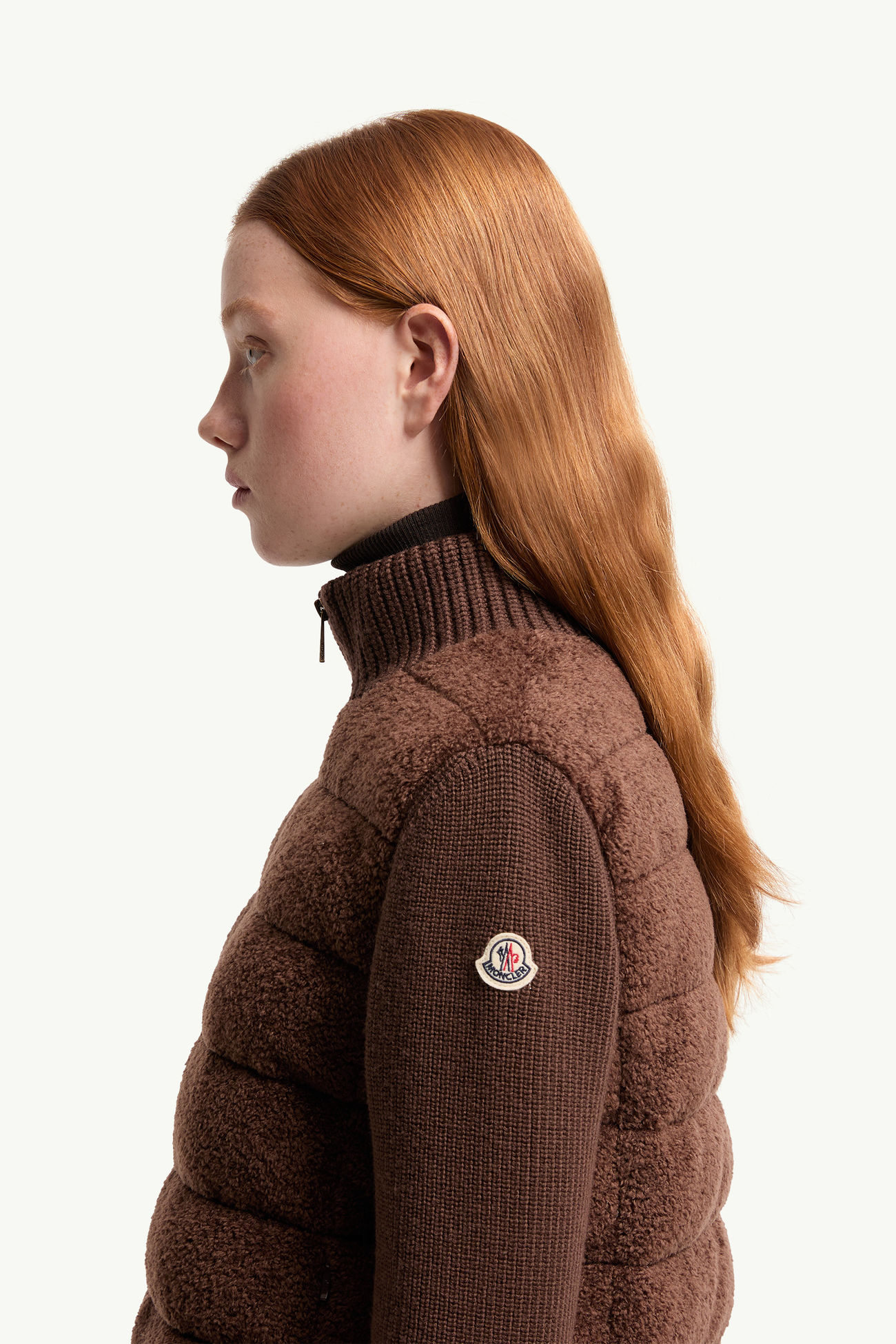 Cardigan imbottito in lana e pile effetto teddy con zip Donna Marrone Moncler 1