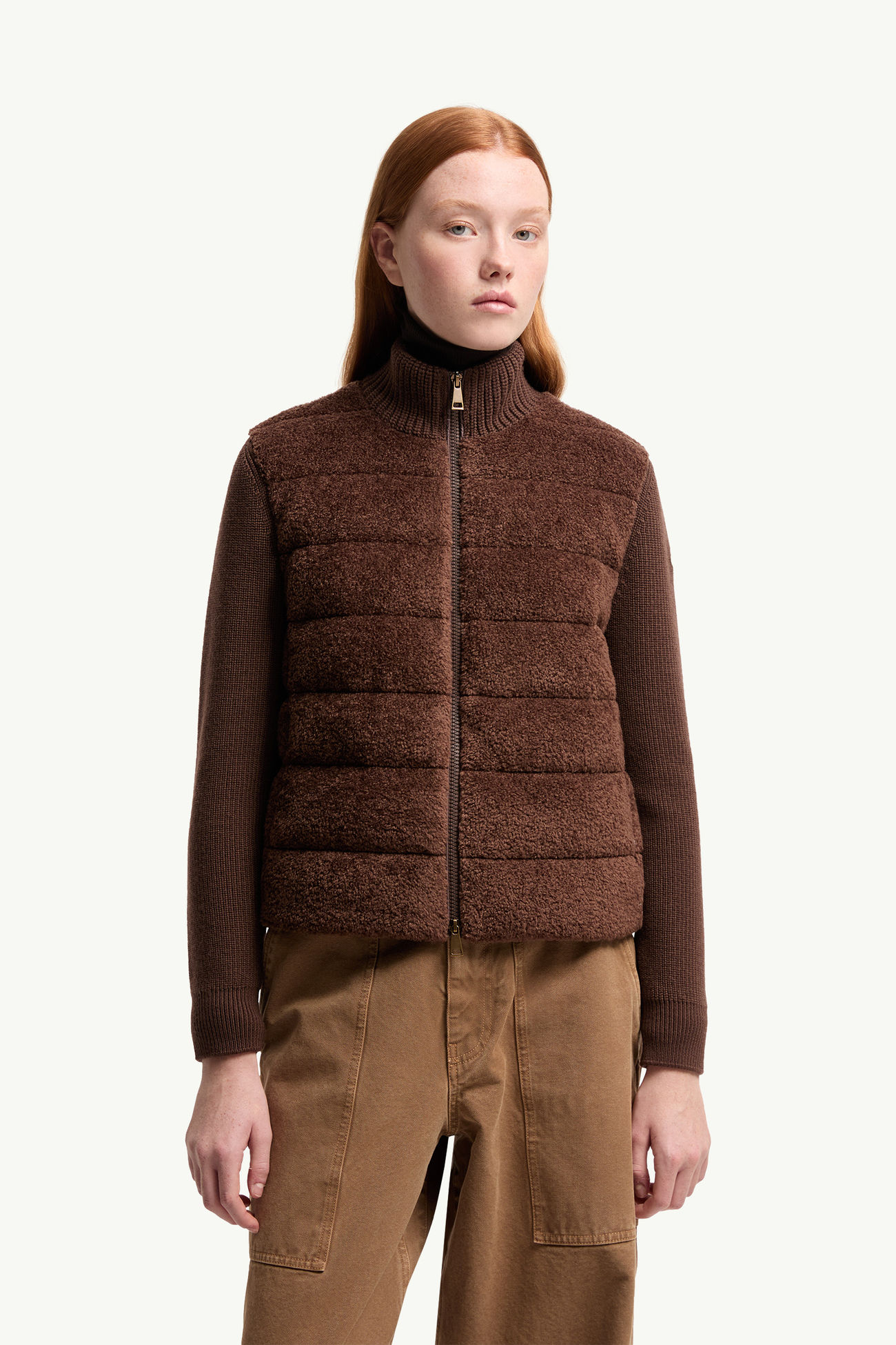 Wattierte Strickjacke aus Teddystoff und Wolle mit Reißverschluss Damen Braun Moncler 3