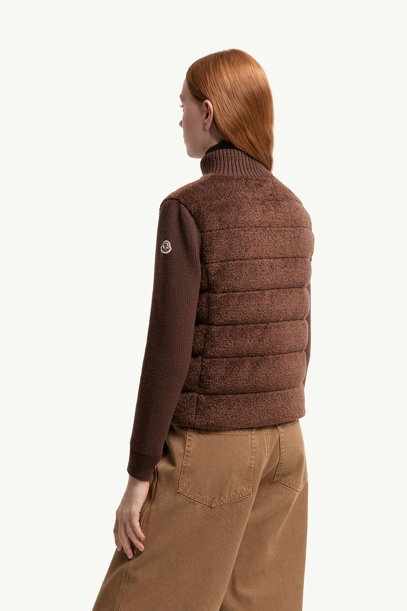 Cardigan imbottito in lana e pile effetto teddy con zip Donna Marrone Moncler 4