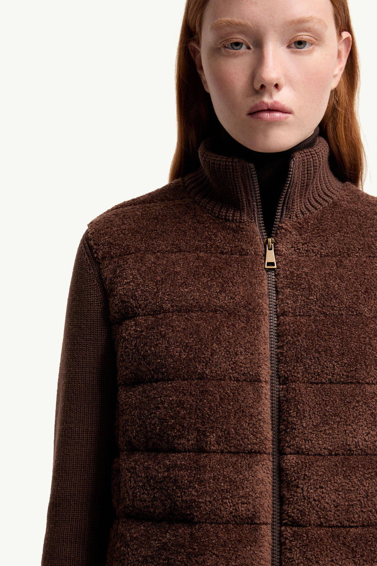 Cardigan zippé en laine et teddy matelassé Femmes Marron Moncler 6