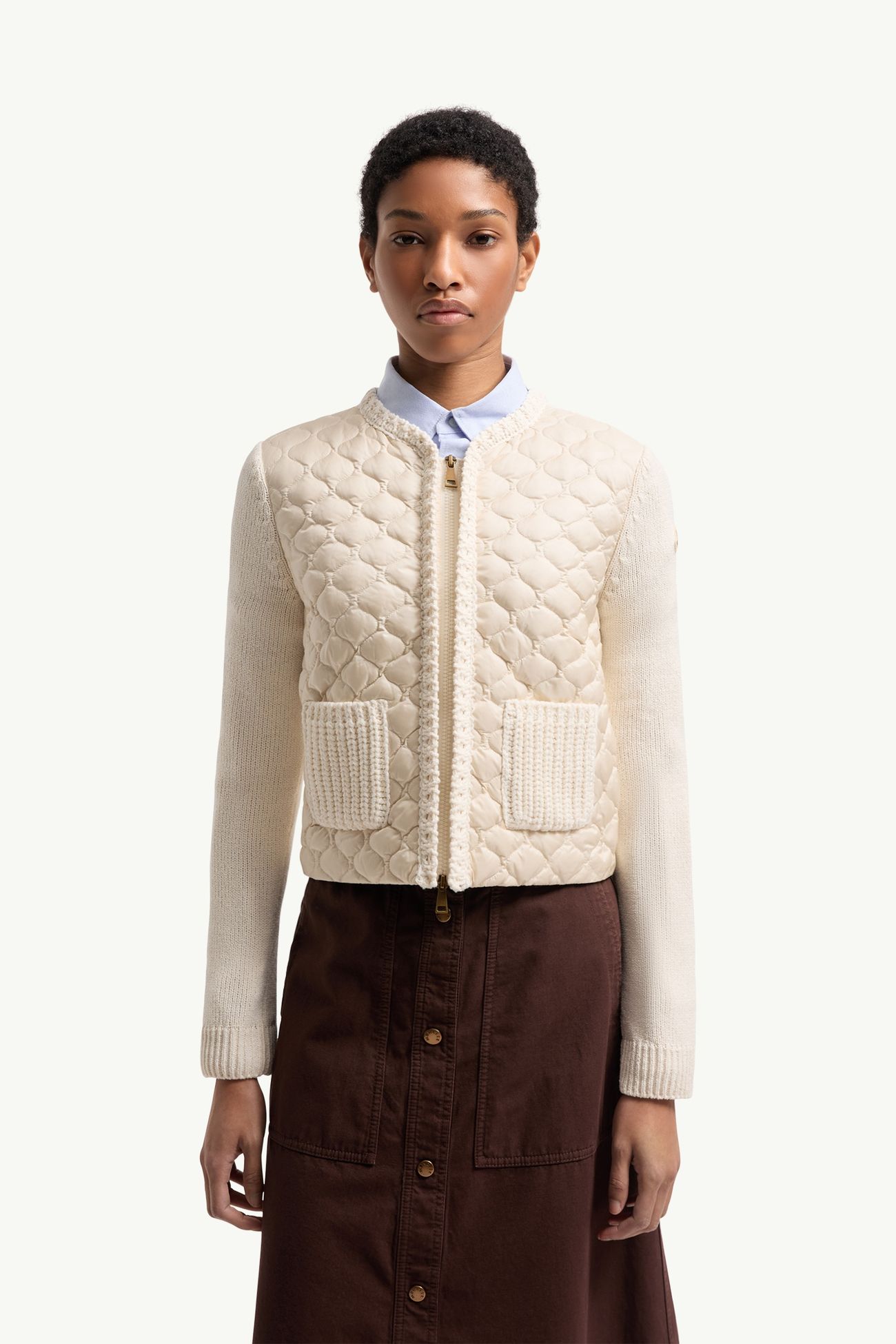 Gepolsterte Strickjacke mit Reißverschluss und geometrischer Steppung Damen Weiß Moncler 3
