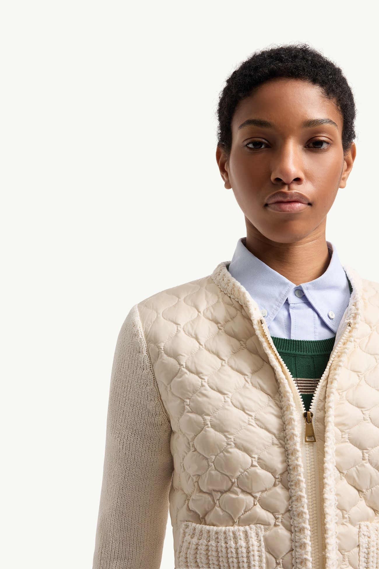 幾何絎縫夾層拉鏈開襟毛衣 女士 白色 Moncler 5