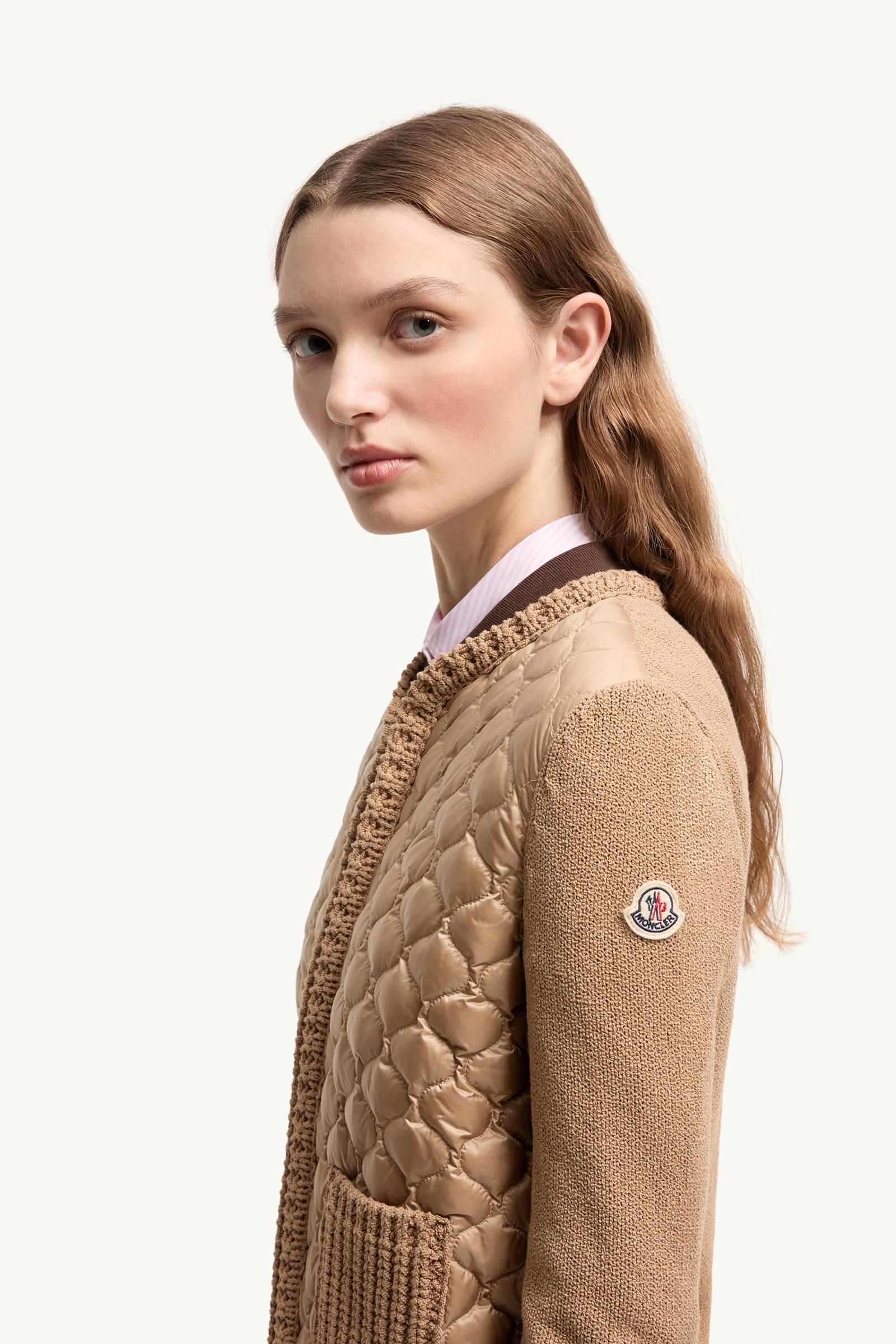 Beige Geometric-Quilted Padded Zip-Up Cardigan - Sweaters