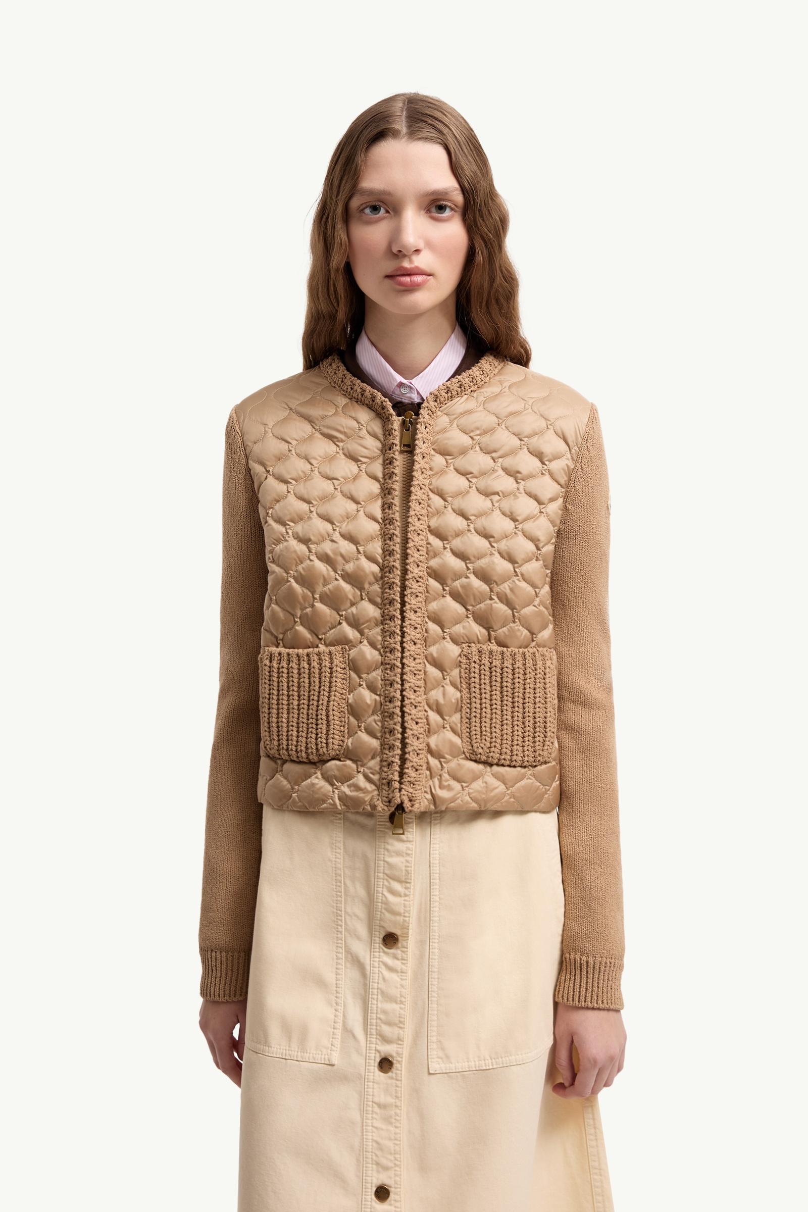 Beige Geometric-Quilted Padded Zip-Up Cardigan - Sweaters