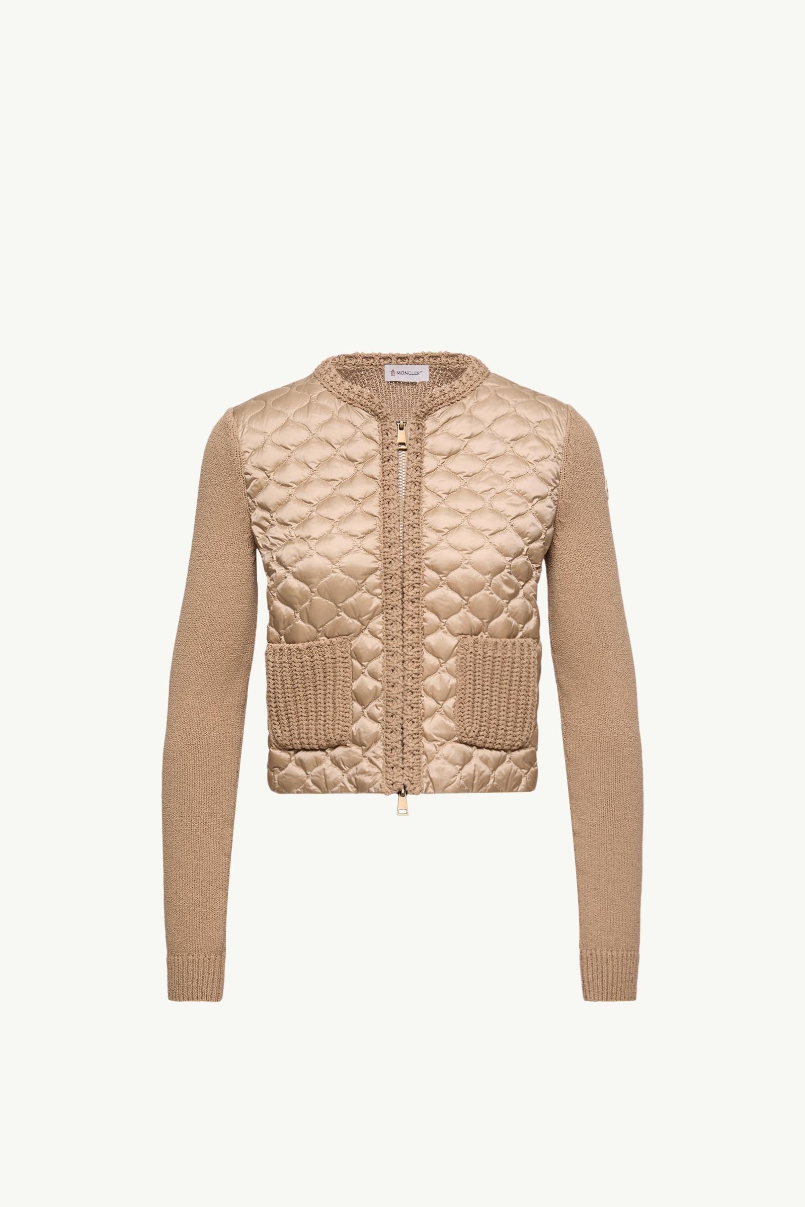 Beige Geometric-Quilted Padded Zip-Up Cardigan - Sweaters