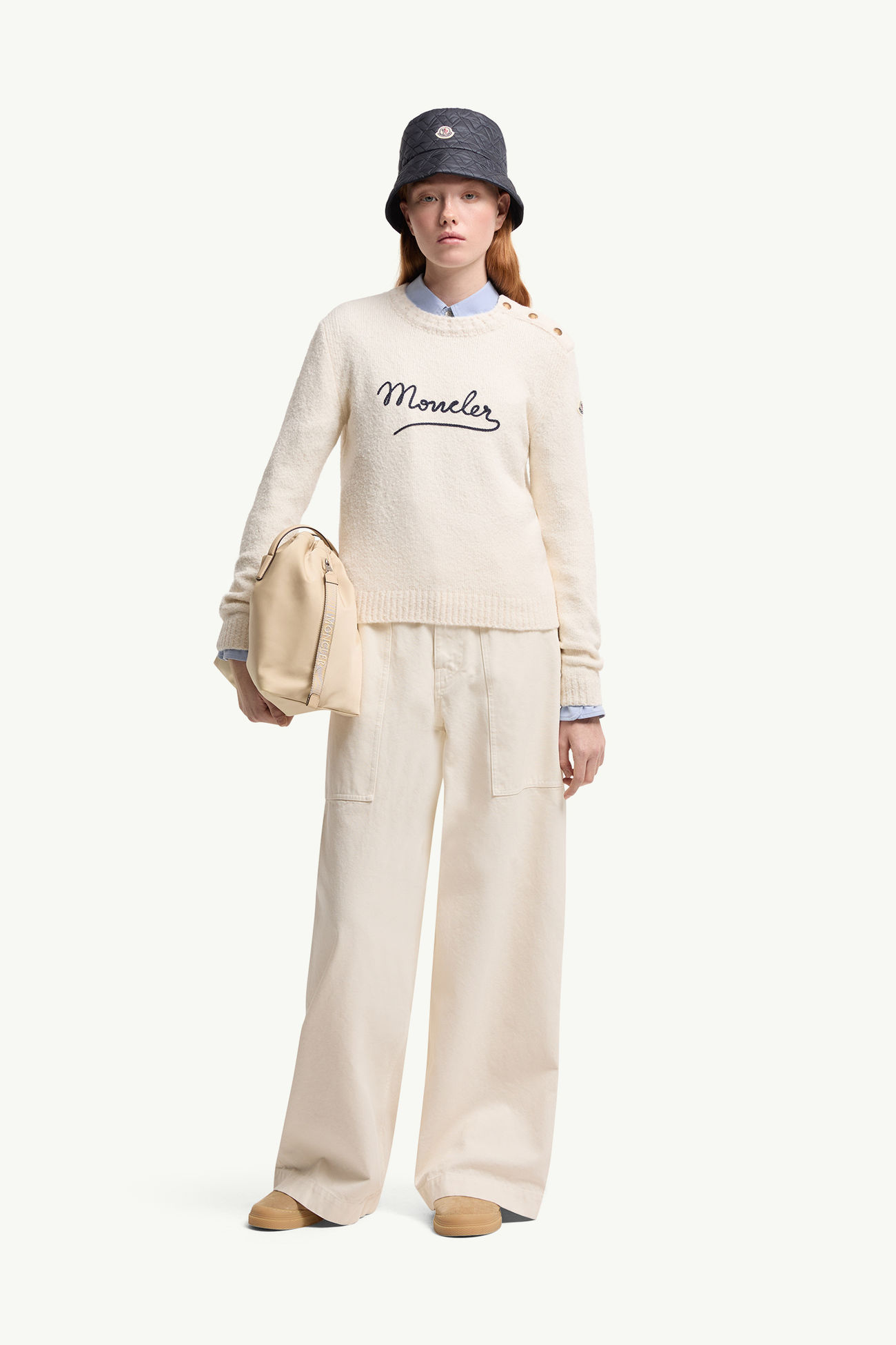 Maglione in misto cotone con logo ricamato Donna Bianco Moncler 0