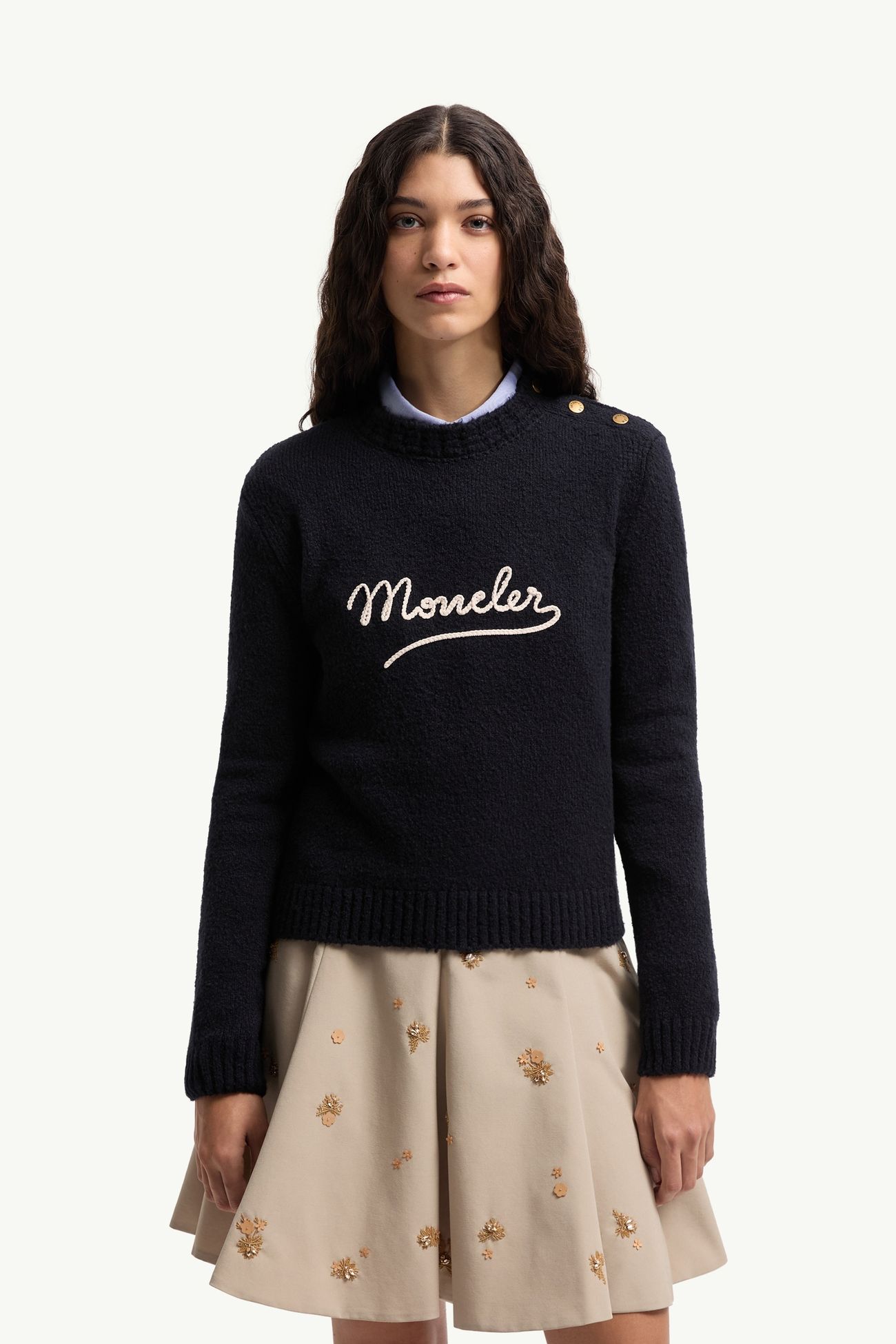 Maglione in misto cotone con logo ricamato Donna Blu Navy Moncler 3