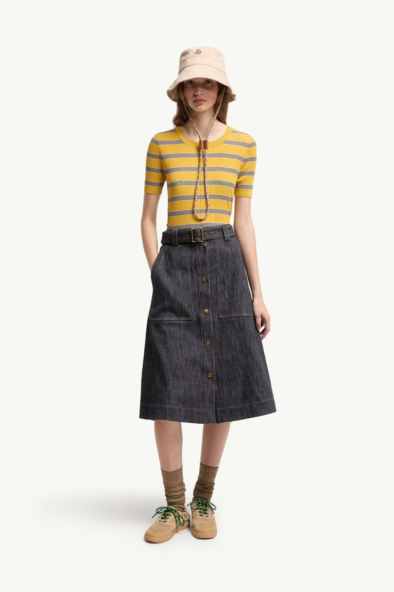 Gestreiftes Poloshirt aus Baumwolle mit kurzen Ärmeln Damen Offwhite & Gelb Moncler 0