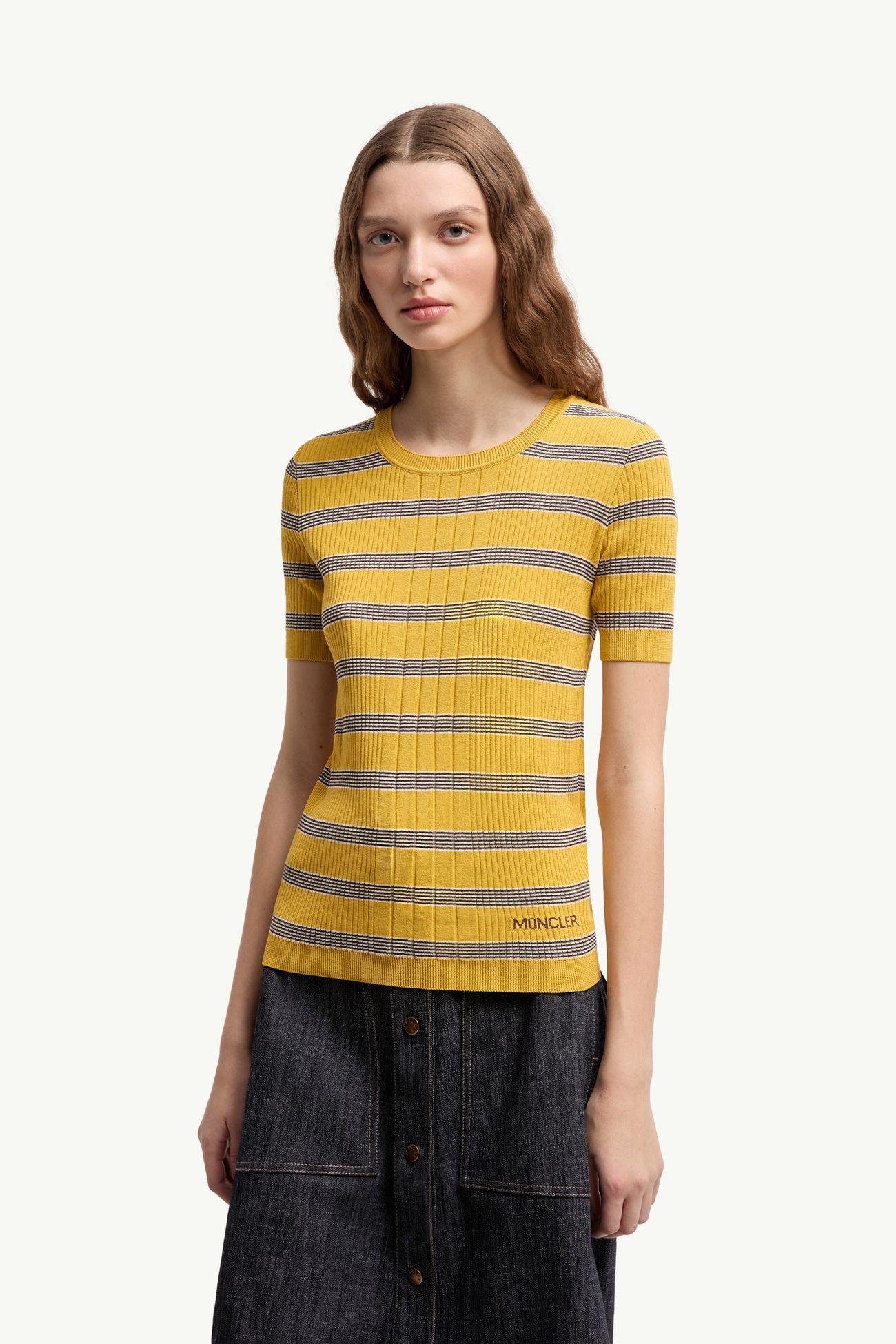 Gestreiftes Poloshirt aus Baumwolle mit kurzen Ärmeln Damen Offwhite & Gelb Moncler 3