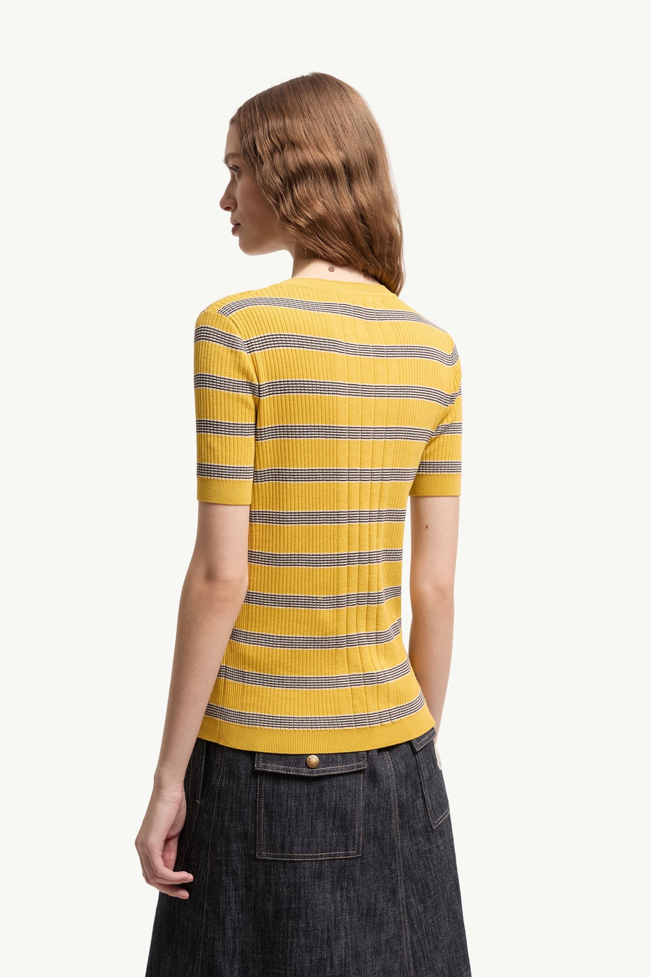 Striped Cotton T-Shirt Women Black & Yellow Moncler 4