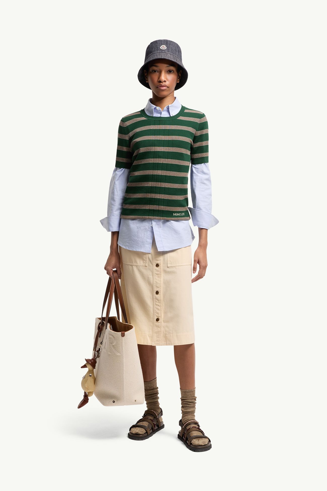 Gestreiftes Poloshirt aus Baumwolle mit kurzen Ärmeln Damen Offwhite & Grün Moncler 0