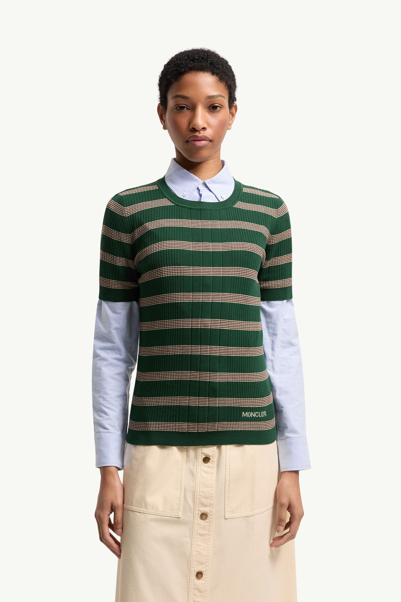 條紋棉質短袖Polo恤 女士 灰白色和綠色 Moncler 3