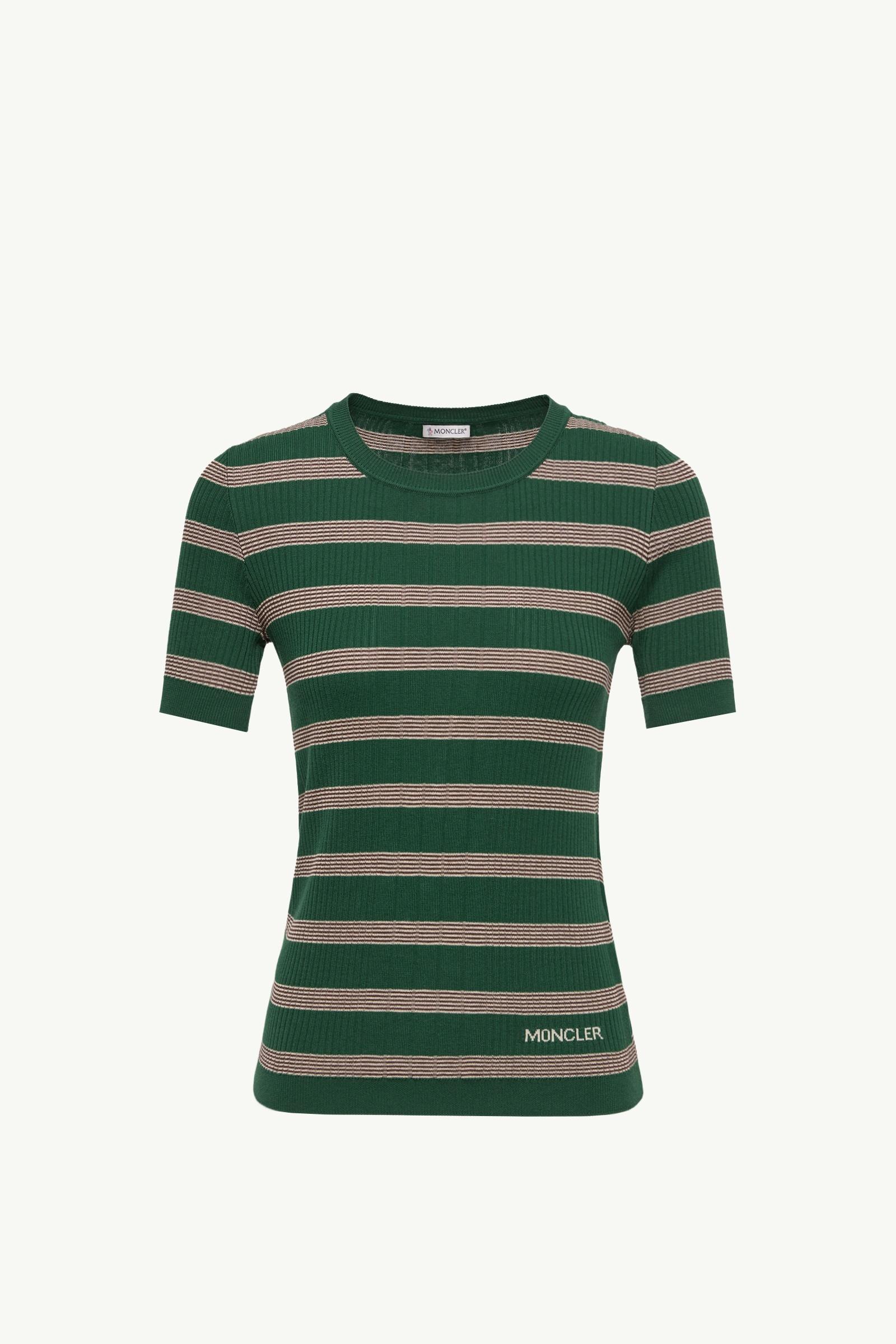 Striped Cotton Short Sleeve Polo Shirt Women Off White & Green Moncler