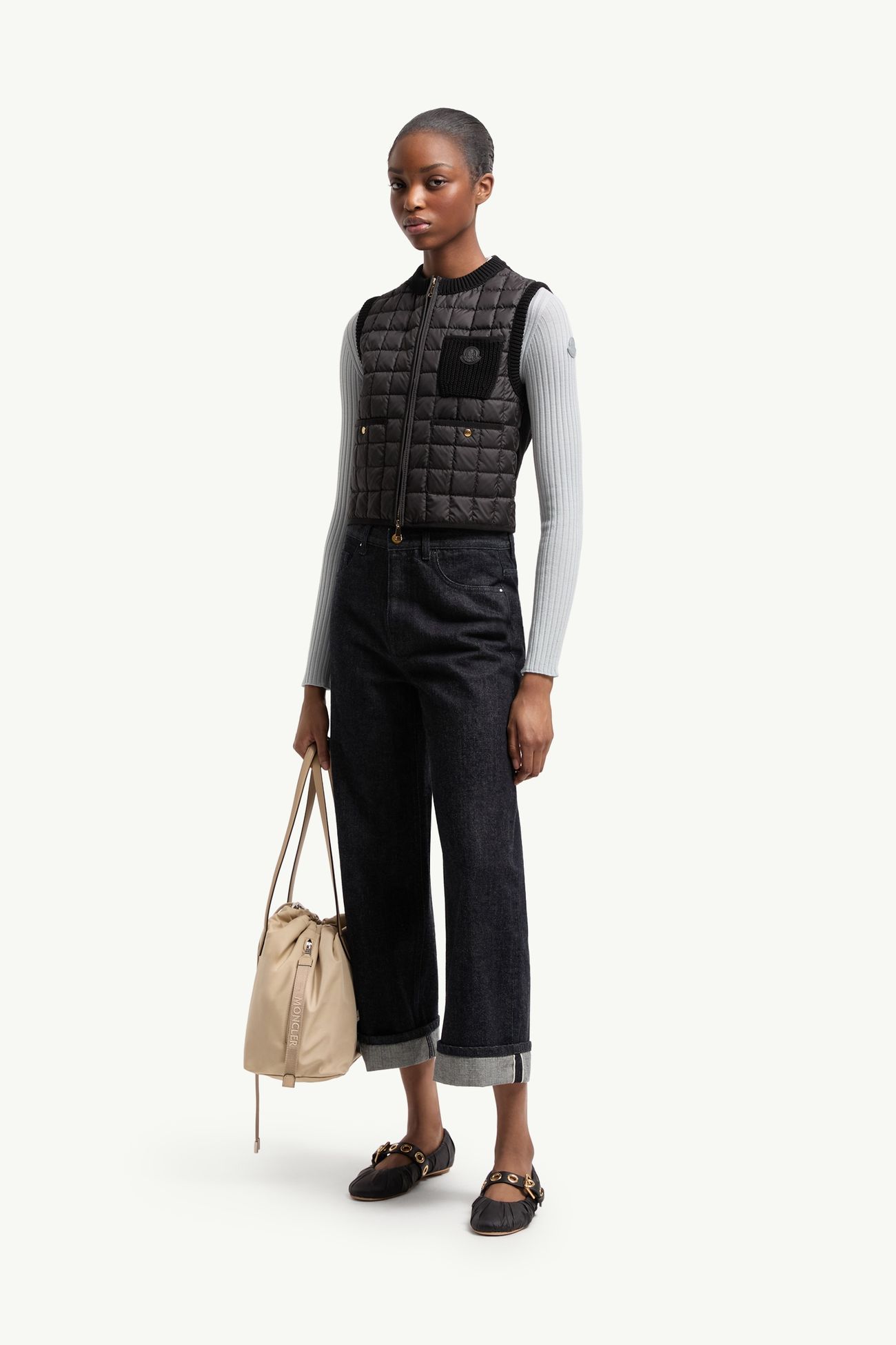 Chaleco plumífero de algodón con acolchado a cuadros Mujer Negro Moncler 0