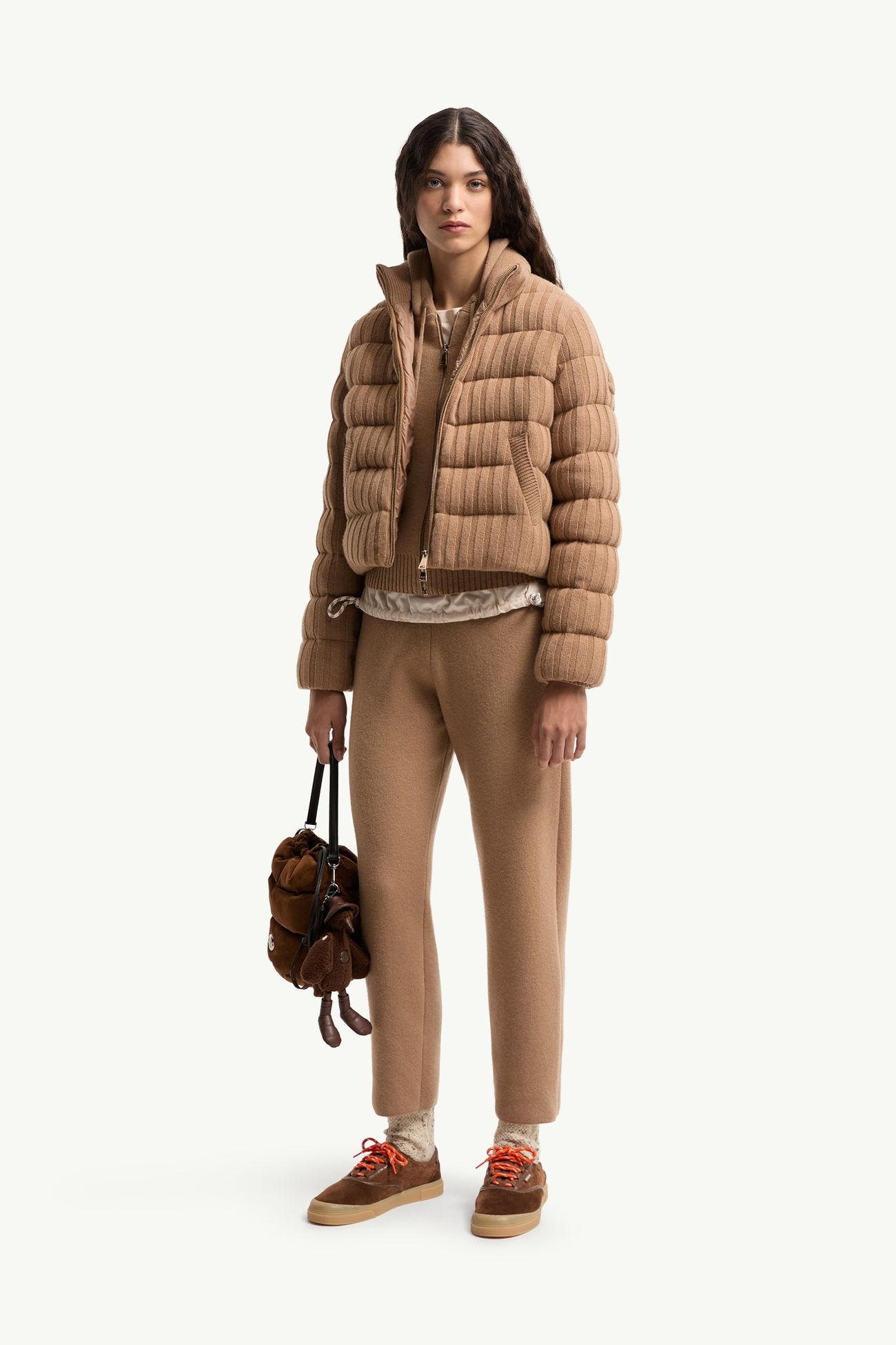 Wool & Cashmere Blend Cropped Jogging Pants Women Camel Beige Moncler 0