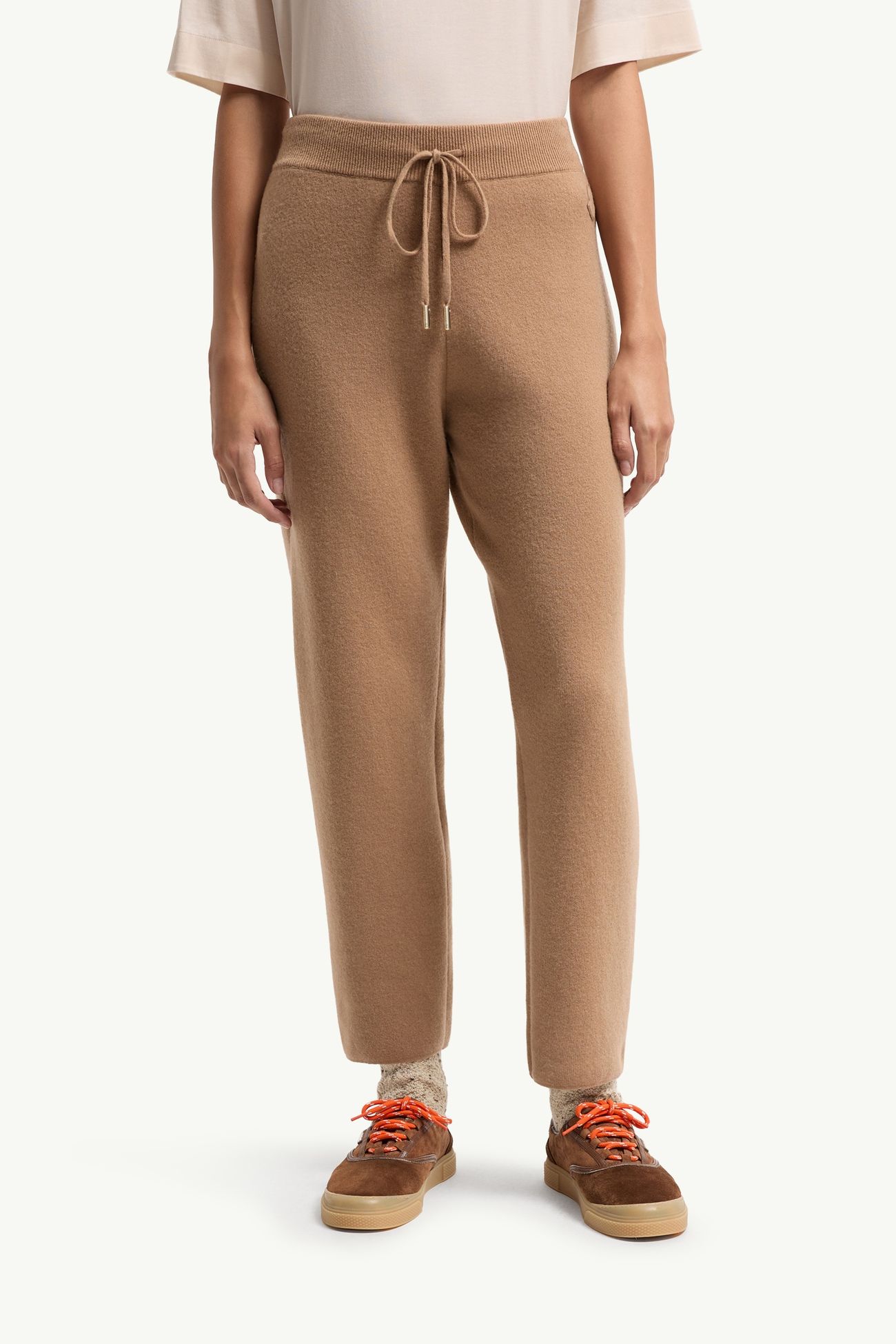 Wool & Cashmere Blend Cropped Jogging Pants Women Camel Beige Moncler 3