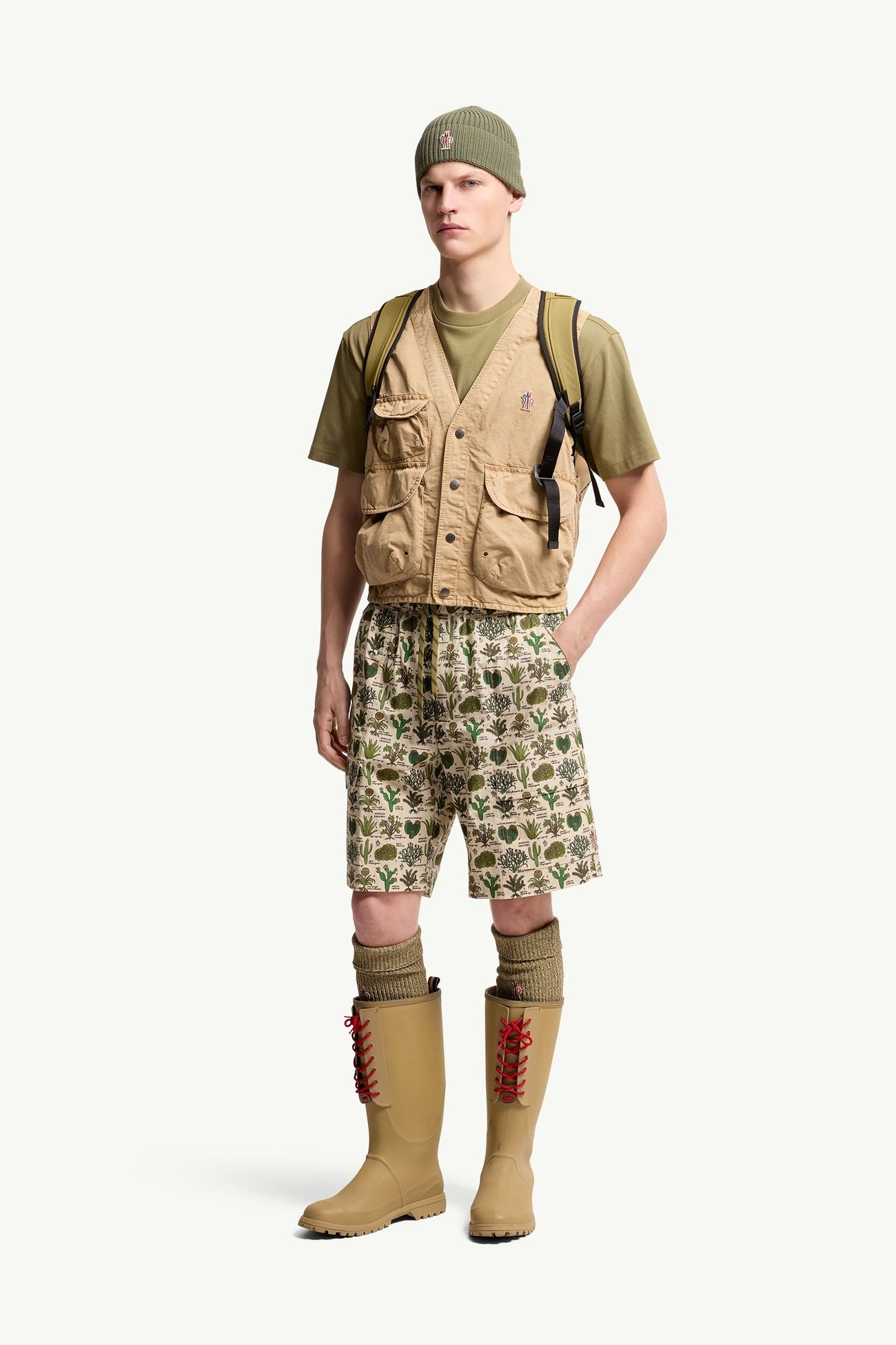 Short en coton mélangé à imprimé botanique Hommes Marron & Vert Moncler 0