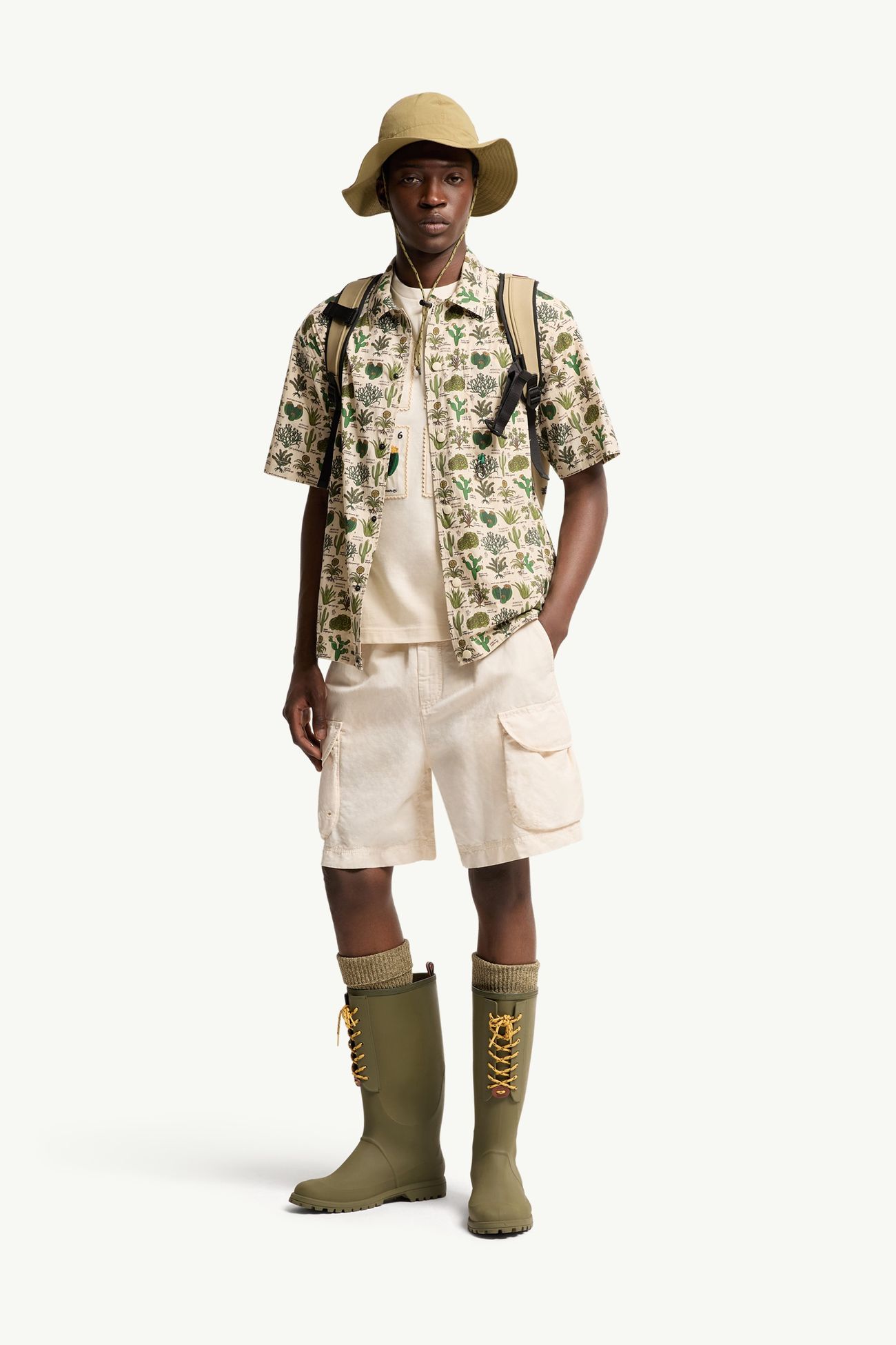 Camicia a maniche corte in misto cotone con stampa botanica Uomo Marrone & Verde Moncler 0