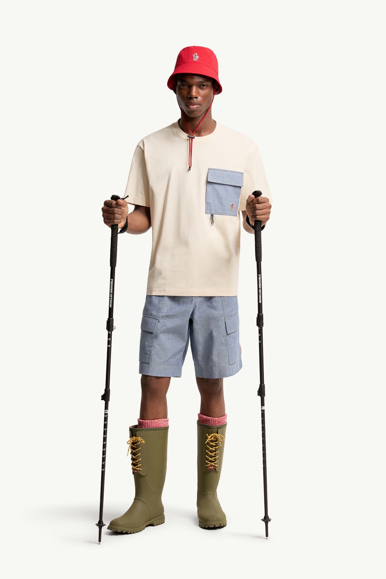 T-shirt en coton mélangé avec poche en denim Hommes Blanc Ivoire Moncler 0