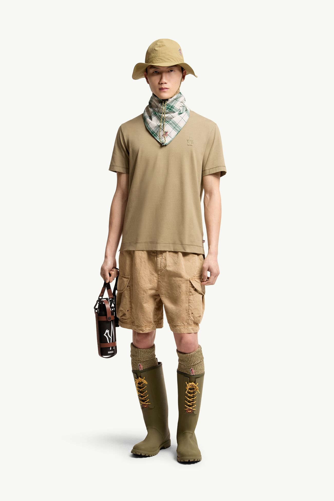 T-shirt en coton mélangé avec patch logo (lot de trois) Hommes NOIR, BLANC ET VERT OLIVE Moncler 0