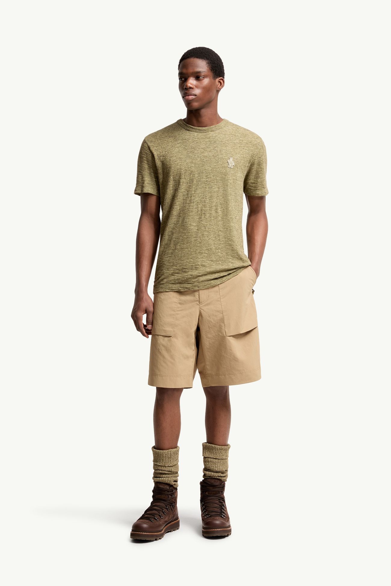 T-shirt en coton à empiècement logo Hommes Vert Olive Moncler 0