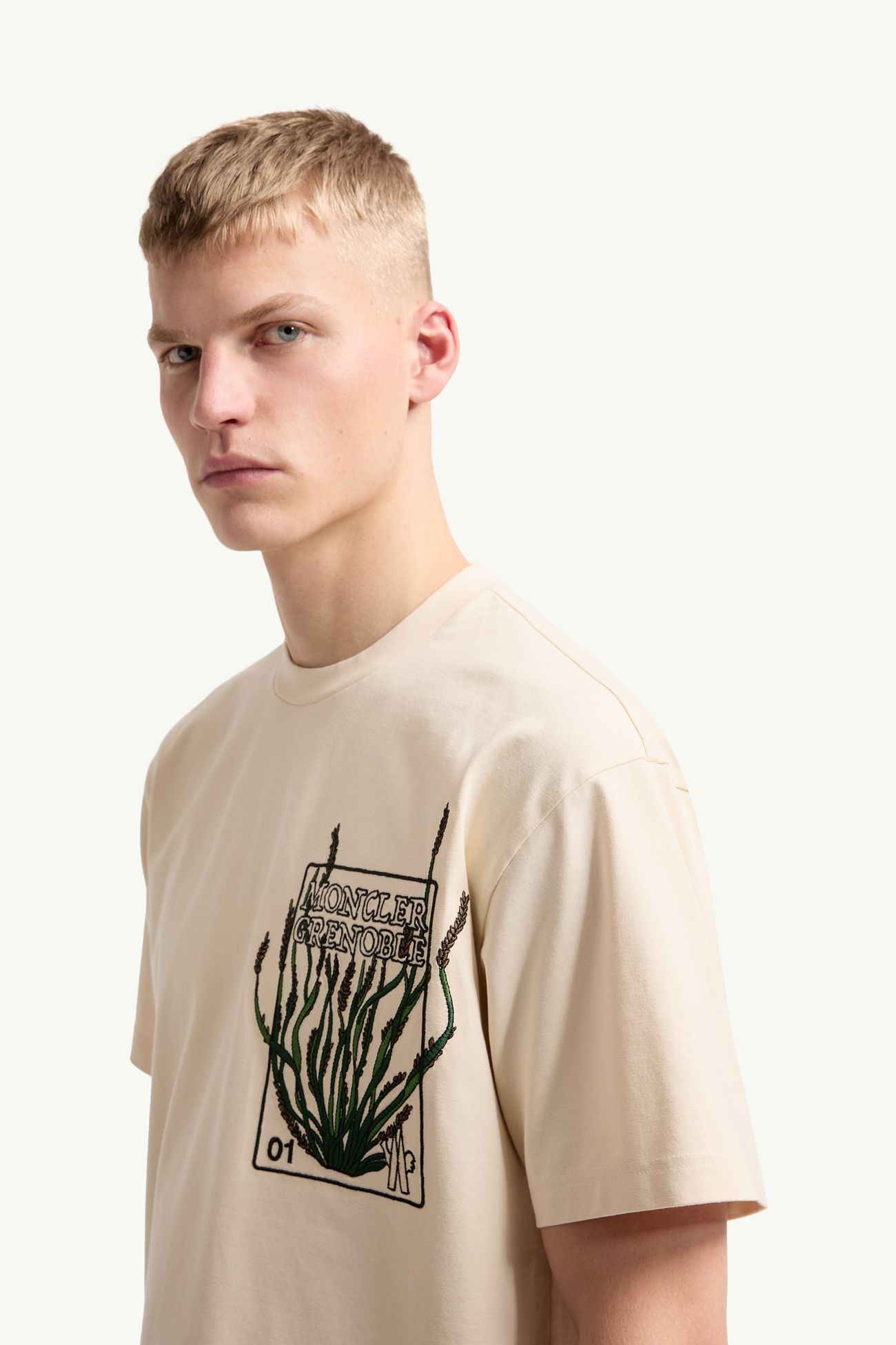 T-Shirt aus Baumwolle mit gesticktem botanischen Motiv Herren Weiß-Elfenbein Moncler 1