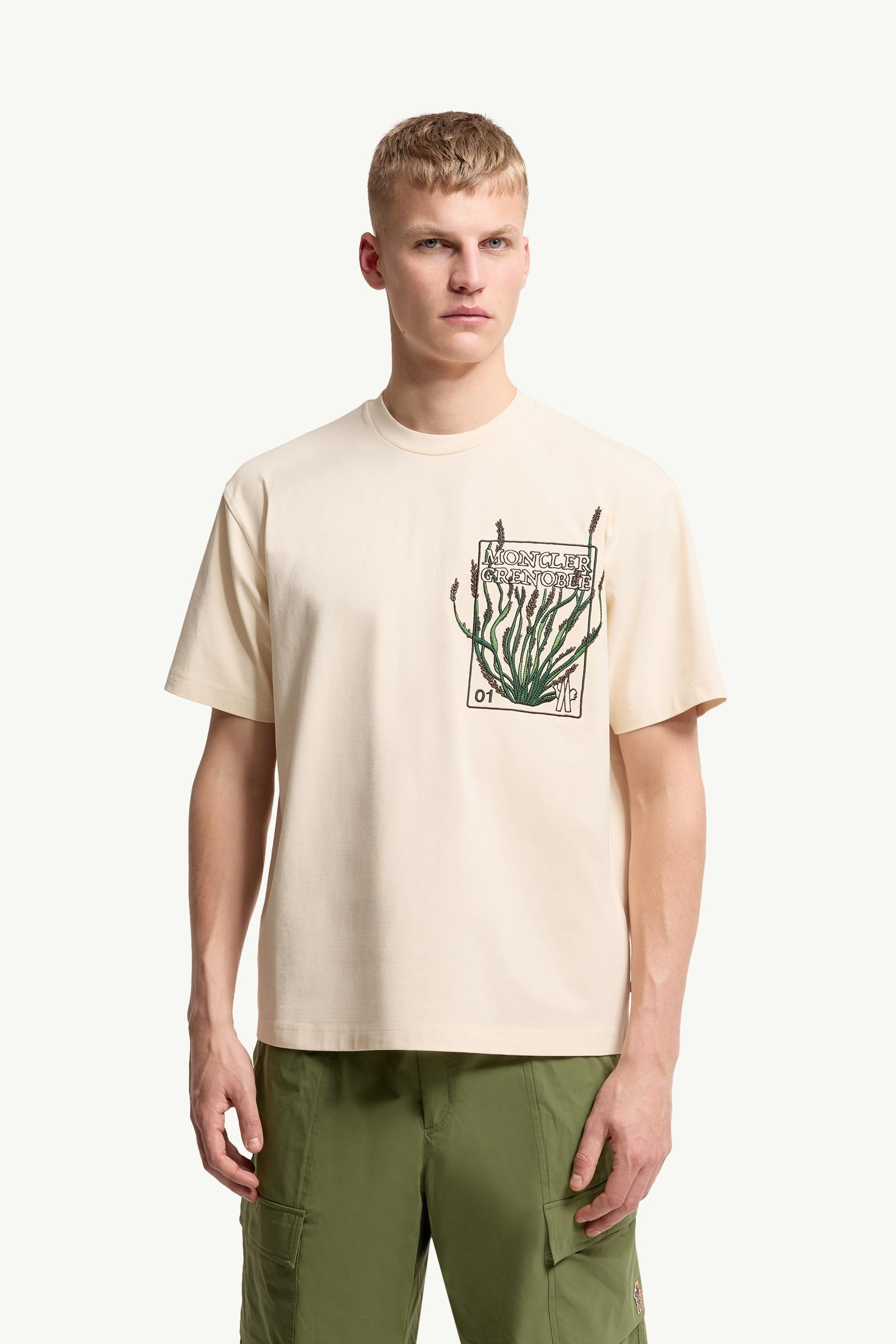 White Ivory Embroidered Botanical Motif Cotton T-Shirt - Polos & T