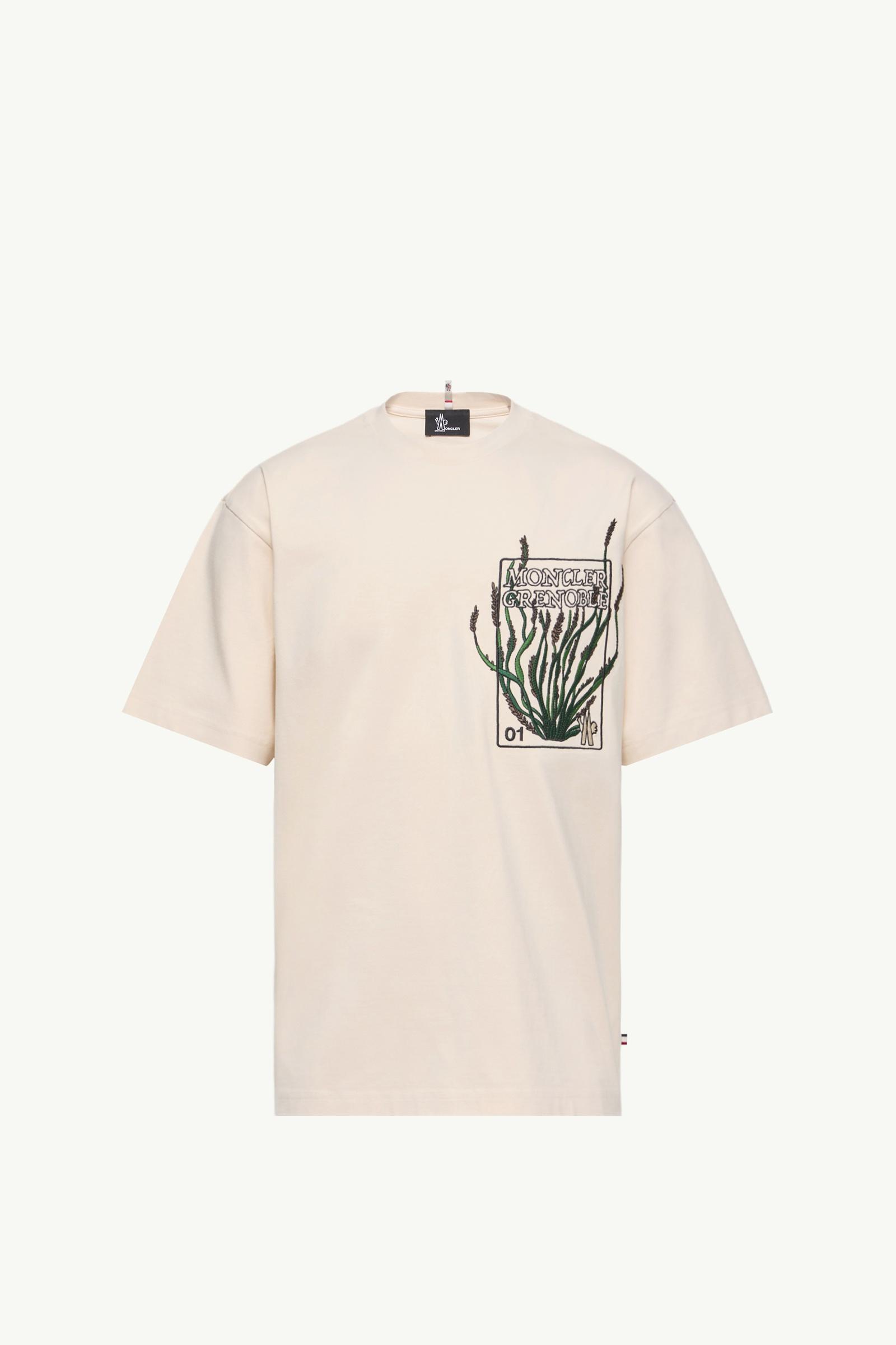 White Ivory Embroidered Botanical Motif Cotton T-Shirt - Polos & T