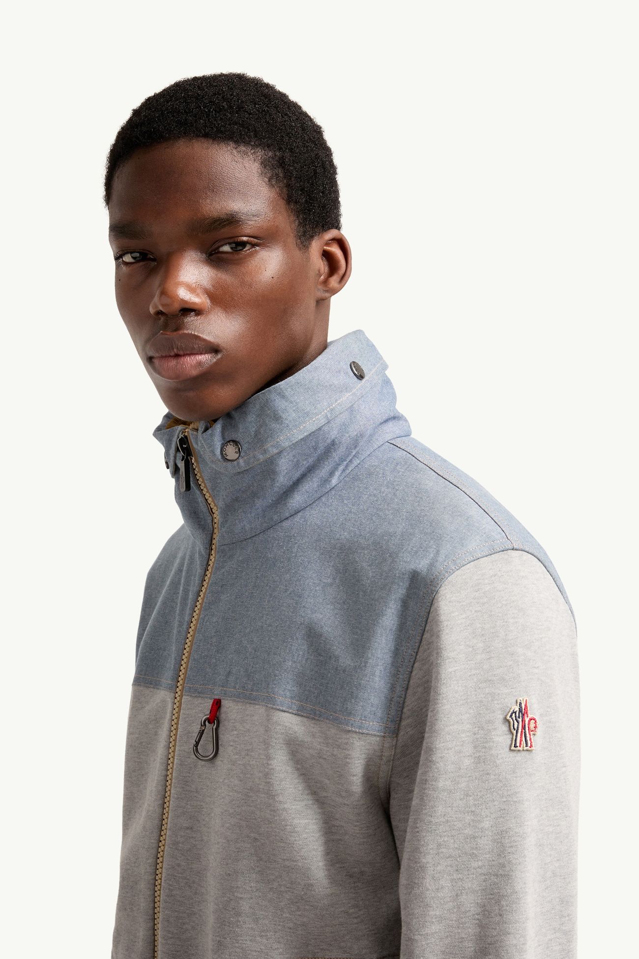 Cotton & Chambray Zip-Up Sweatshirt Men Gray Moncler 1