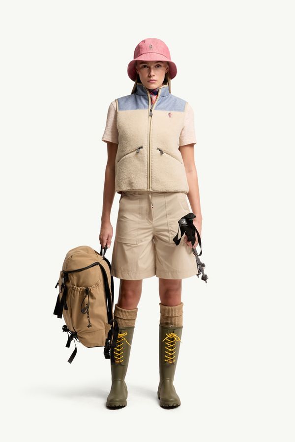 Doudounes sans manches en teddy et chambray Femmes Beige Clair Moncler 0