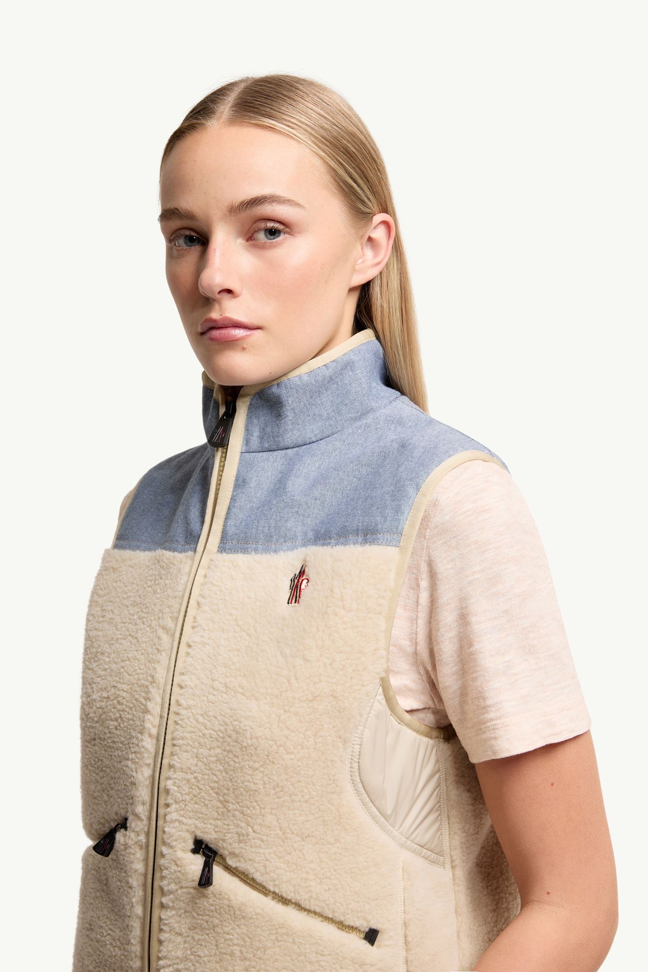 Chaleco de tejido efecto peluche y cambray Mujer Beige Claro Moncler 1