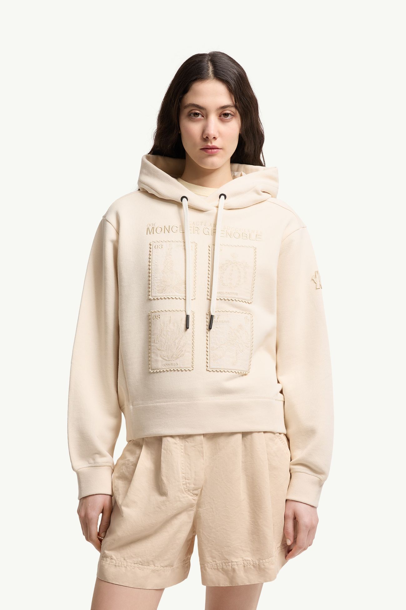 Kapuzenpullover aus Baumwolle mit botanischen Aufnähern Damen Weiß-Elfenbein Moncler 3