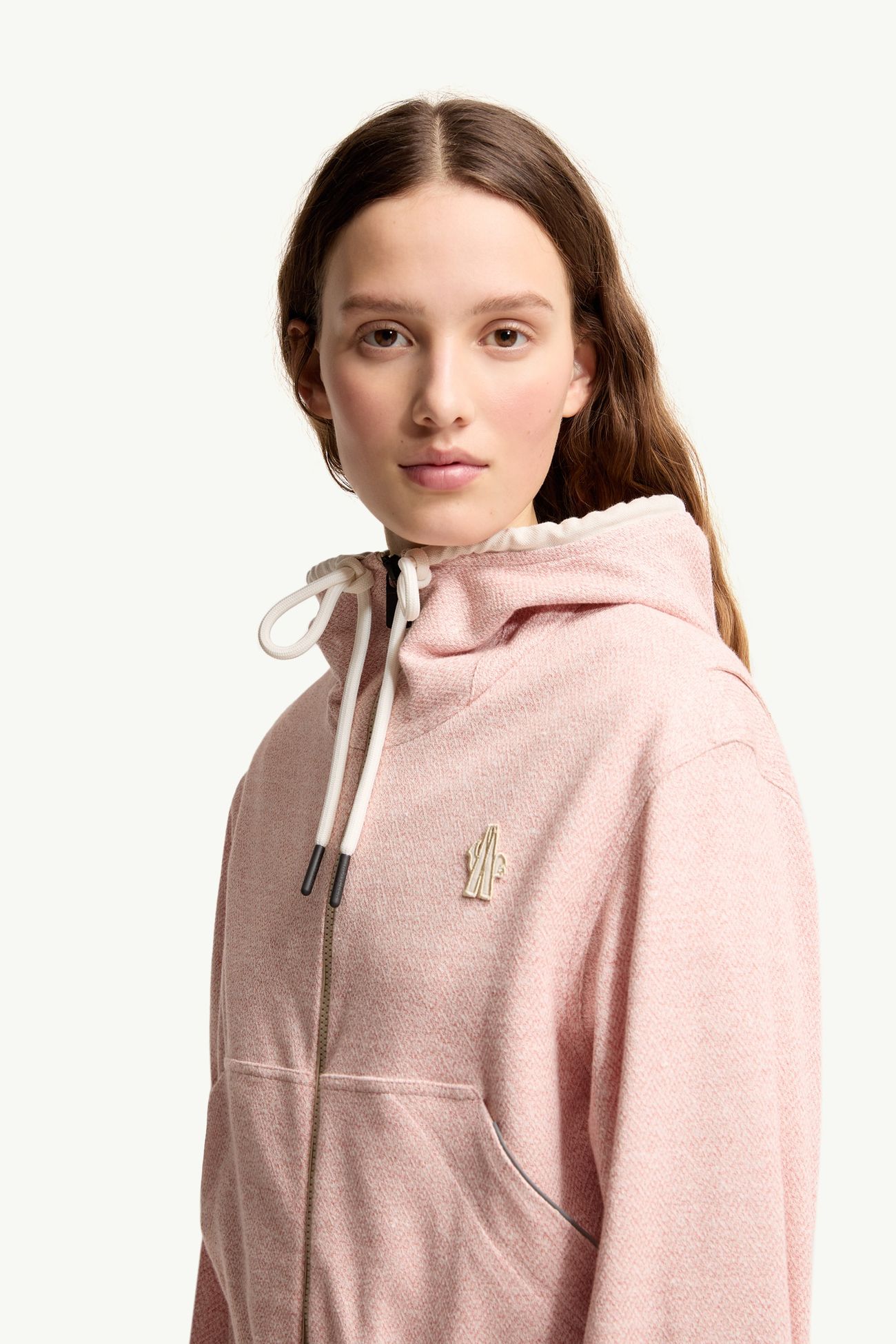 Sweat à capuche zippé en lin et coton mélangé Femmes Rose Moncler 1
