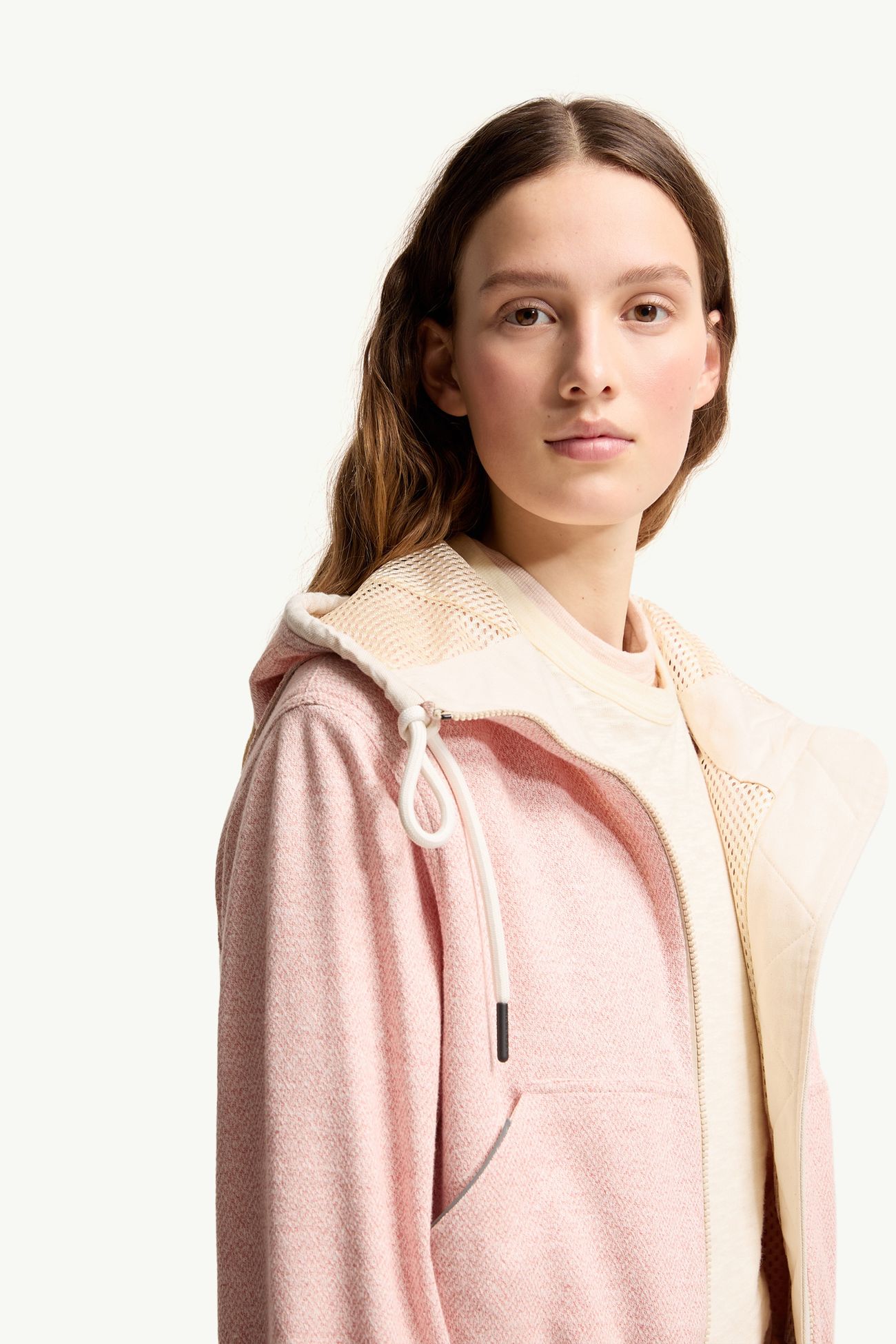 Sweat à capuche zippé en lin et coton mélangé Femmes Rose Moncler 5